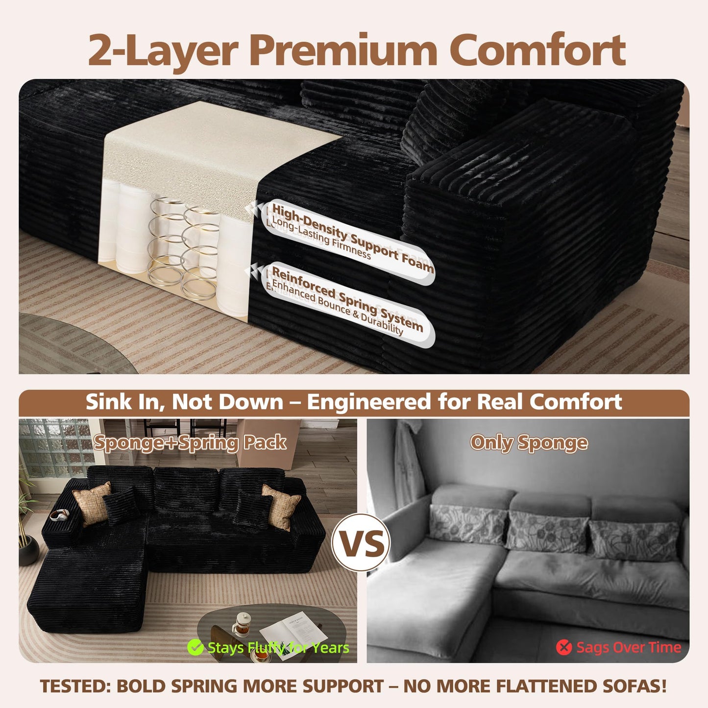 CAODOC 104" Cloud Sectional Couch with Comfy Chaise, Boneless L Shape Sofa with Deep Seat, Minimalist Modular Couches Sleeper for Living Room Bedroom Apartment Lounge,Black