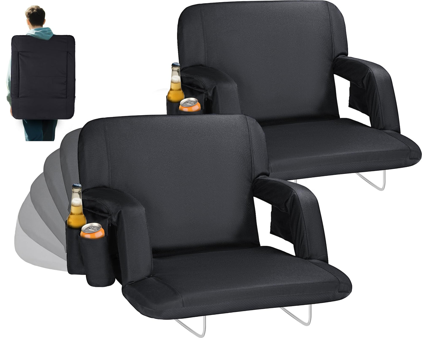 Gbekery Extra Wide Stadium Seats with Back Support,25" Wide 2 Pack Padded Reclining Bleacher Chairs with Back and Cushion,6 Reclining Positions,2 Steel Bleacher Hooks,Side Pockets & Cup Holders(Black)
