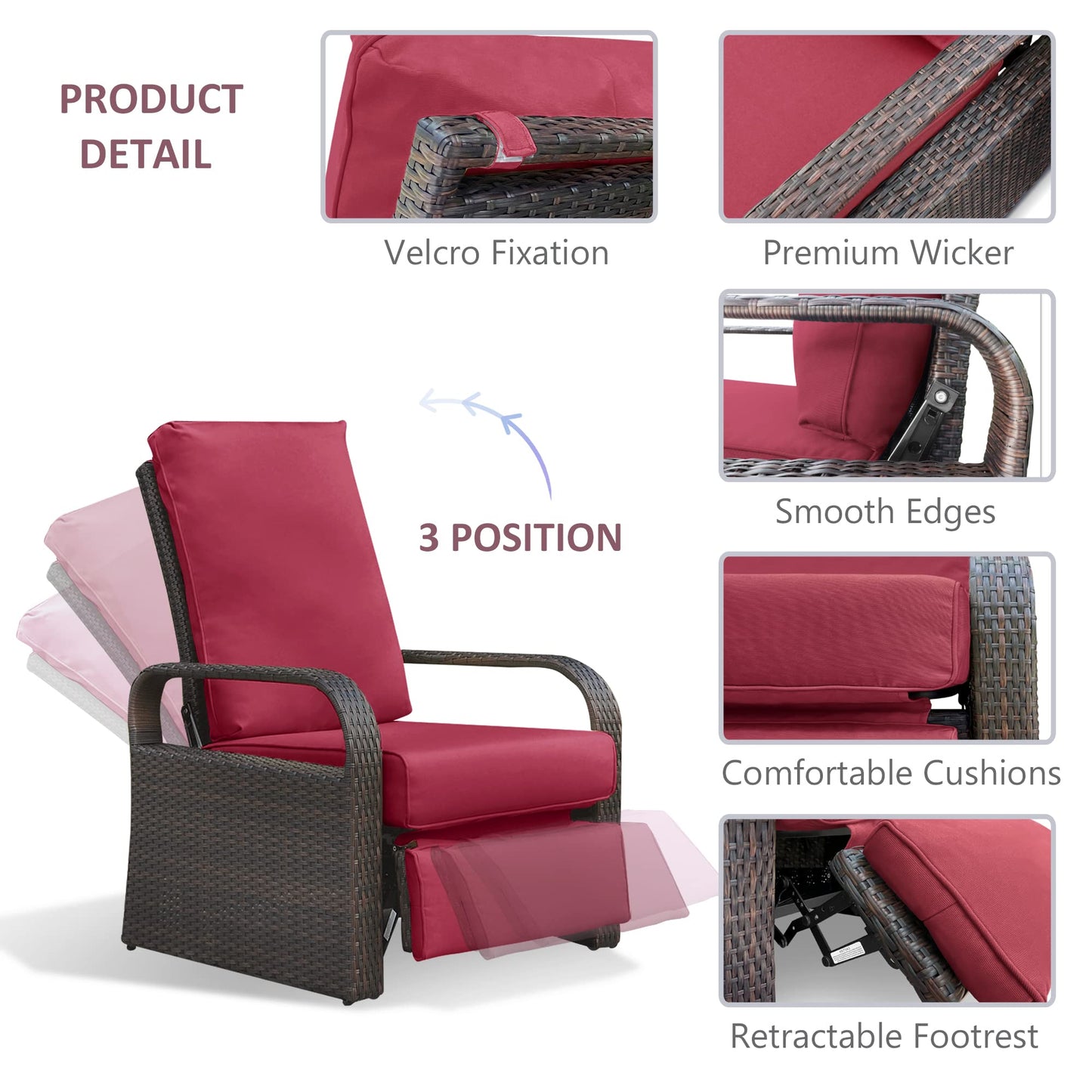 Babylon Dual-use Indoor/Outdoor Wicker Adjustable Recliner Chair, Patio Relaxing Lounge Rattan Armchair with Cushions (Brown Wicker+red Cushion)