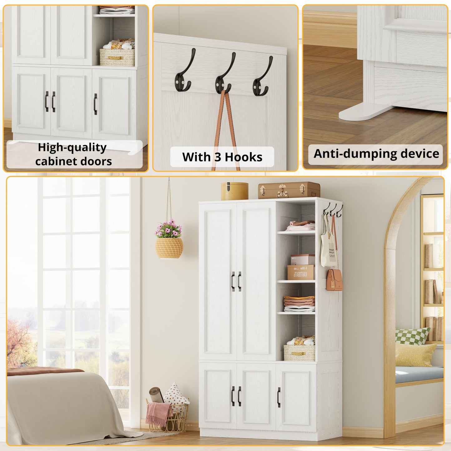 LIKIMIO Armoire Wardrobe Closet 70" H, 5 Doors Bedroom Wooden Wardrobe with 4 Storage Shelves and Hanging Rod, Clothing Storage Cabinet Organizer Combination, White