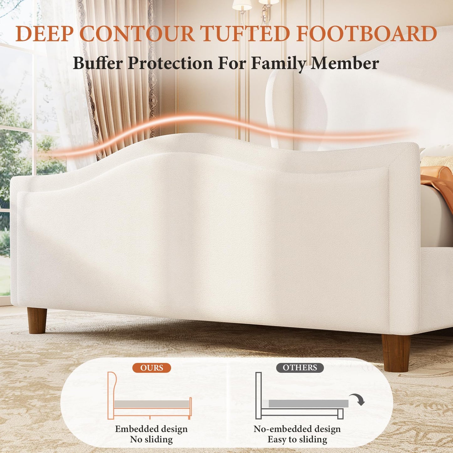 Koorlian King Size Bed Frame Chenille Upholstered Platform Bed with Headboard and Footboard, 51" High Deep Curved Tufted Wingback Upholstered Sleigh Bed Frame No Box Spring Needed/Easy Assembly, Cream