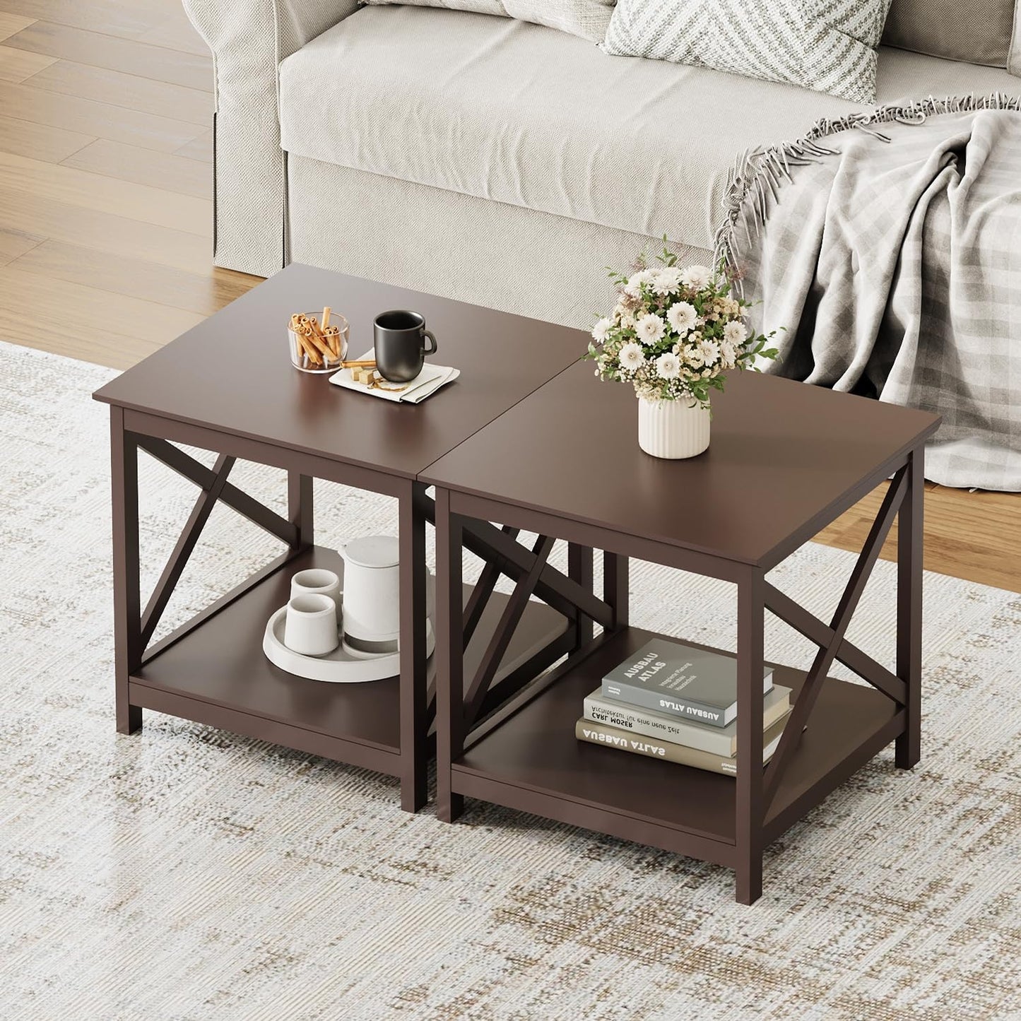 ChooChoo End Table, 24 Inch End Table with 2-Tier Storage Shelf, Side Table for Living Room, Wood Nightstand for Bedroom, Office, Painted Surface, Espresso