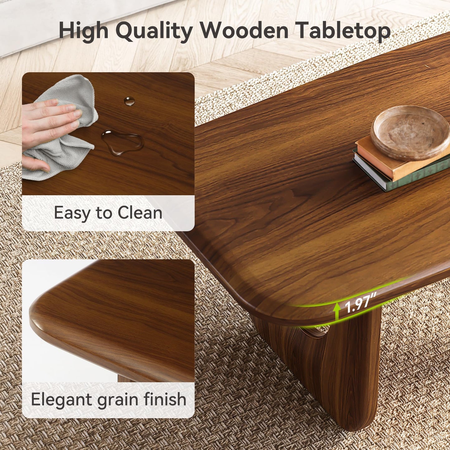 LITTLE TREE Farmhouse Coffee Table, 47 Inches Wooden Rectangular Center Tables with Rounded Corners, Modern Coffee Tables Low Cocktail Tea Furniture for Living Room (Rustic Brown)