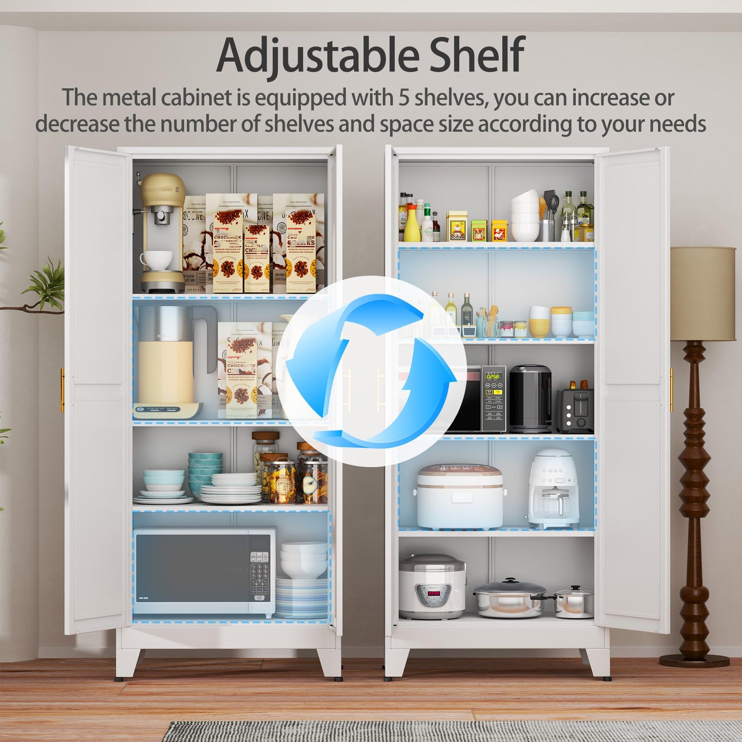 RISTERN White Metal Storage Cabinet,75" Steel Cabinets for Home Office, Kitchen Pantry Storage Cabinet with Doors and 5 Adjustable Shelves, Tool Cabinets, for Office, Home, Garage, School