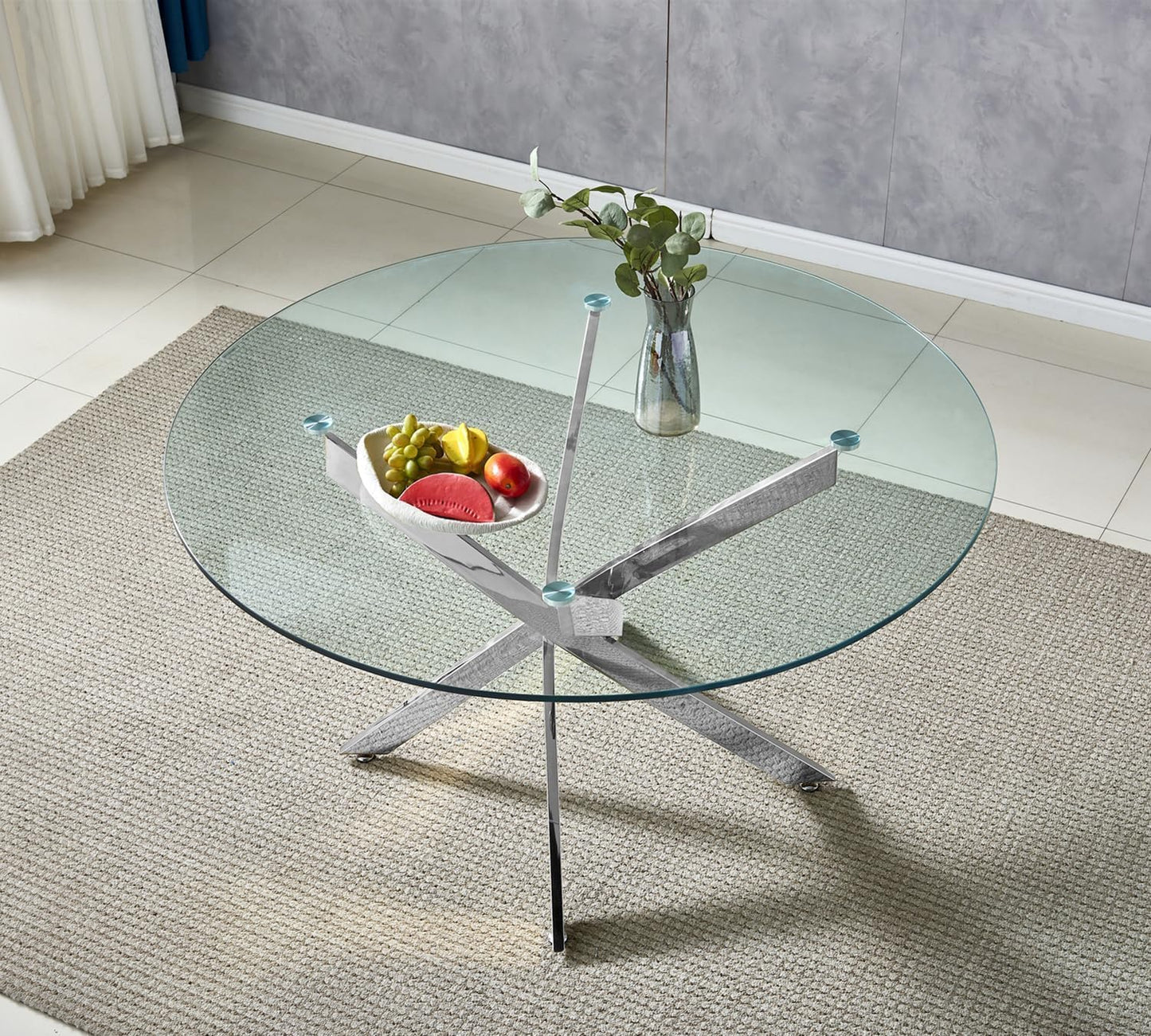 KUVADAZ Round Coffee Table with Silver Mirrored Stainless Steel Base, Tempered Glass Center Tables Modern Coffee Table, Clear Circular Living Room Cocktail Table for Home Office