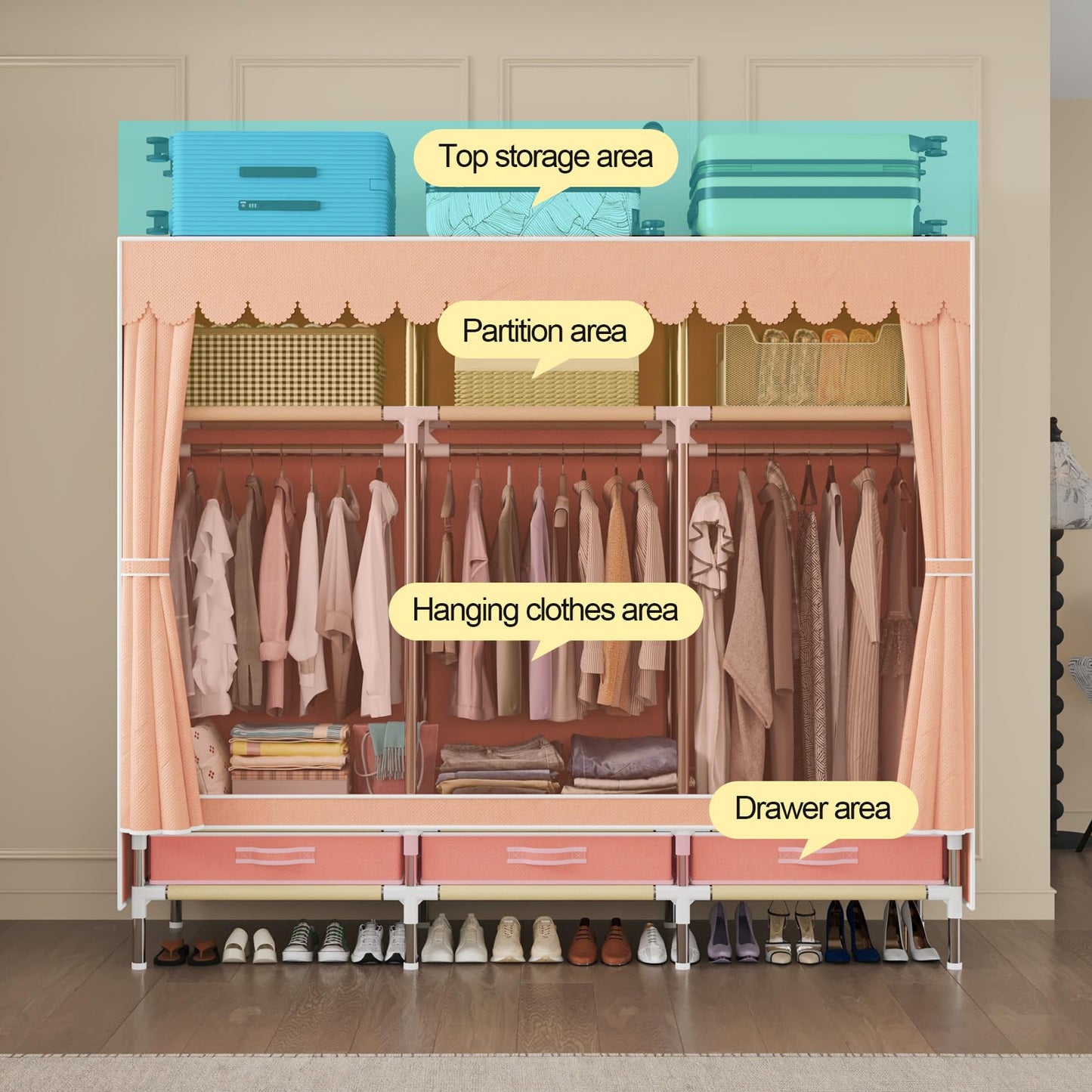 LEAIJIAFY Portable Armories Wardrobe, 65" Tall, Metal Frame with Cute Pink Non-Woven Cover, 3 Hanging Areas, Drawers and Shelves,for Small Room Clothing Storage