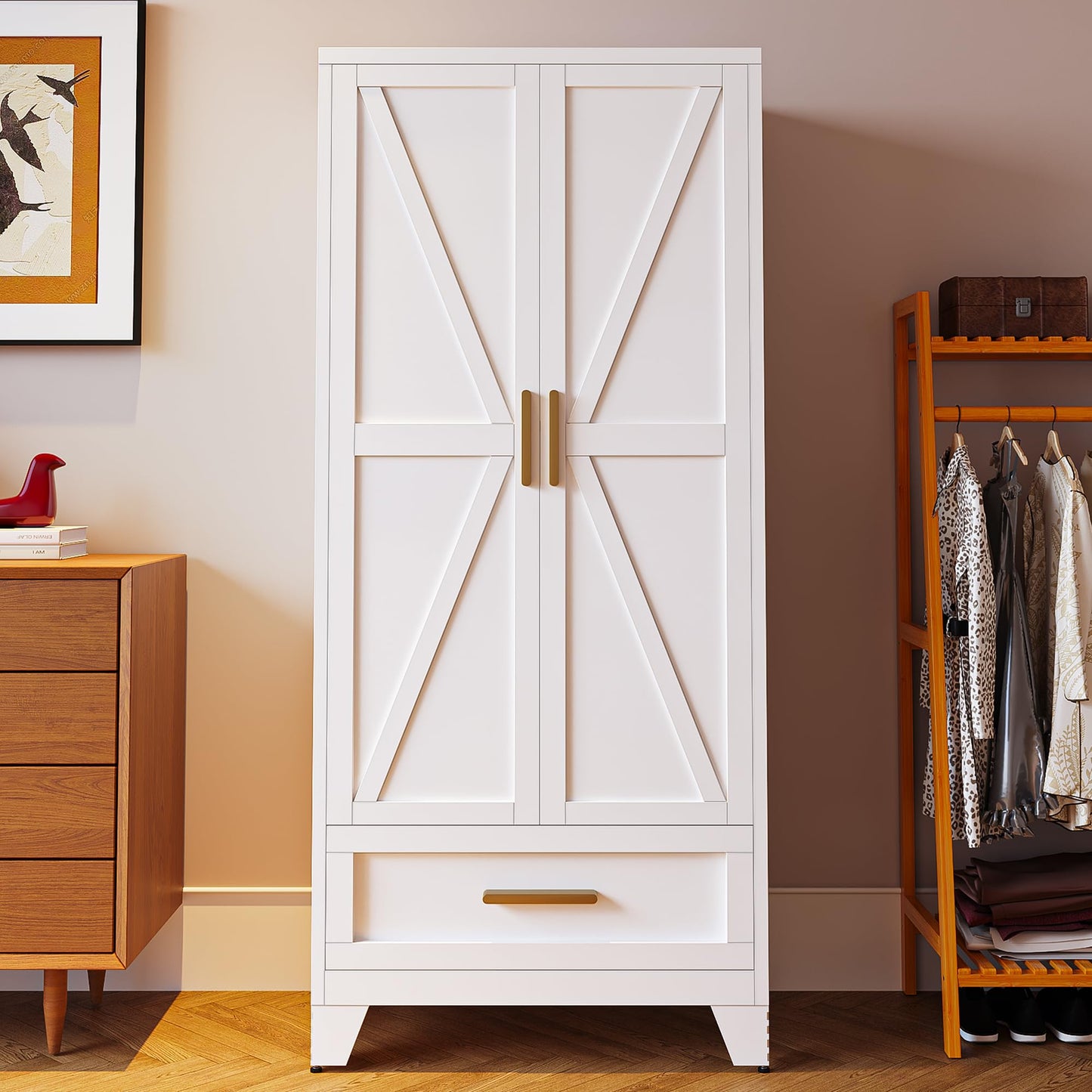 MLYCGKLA 71" Tall Armoire Wardrobe Closet, Metal Wardrobe Cabinet, Farmhouse Storage Cabinet with Drawer and Hanging Rod for Bedroom, Laundry, Home Office (White, 71" H-1 Drawer)