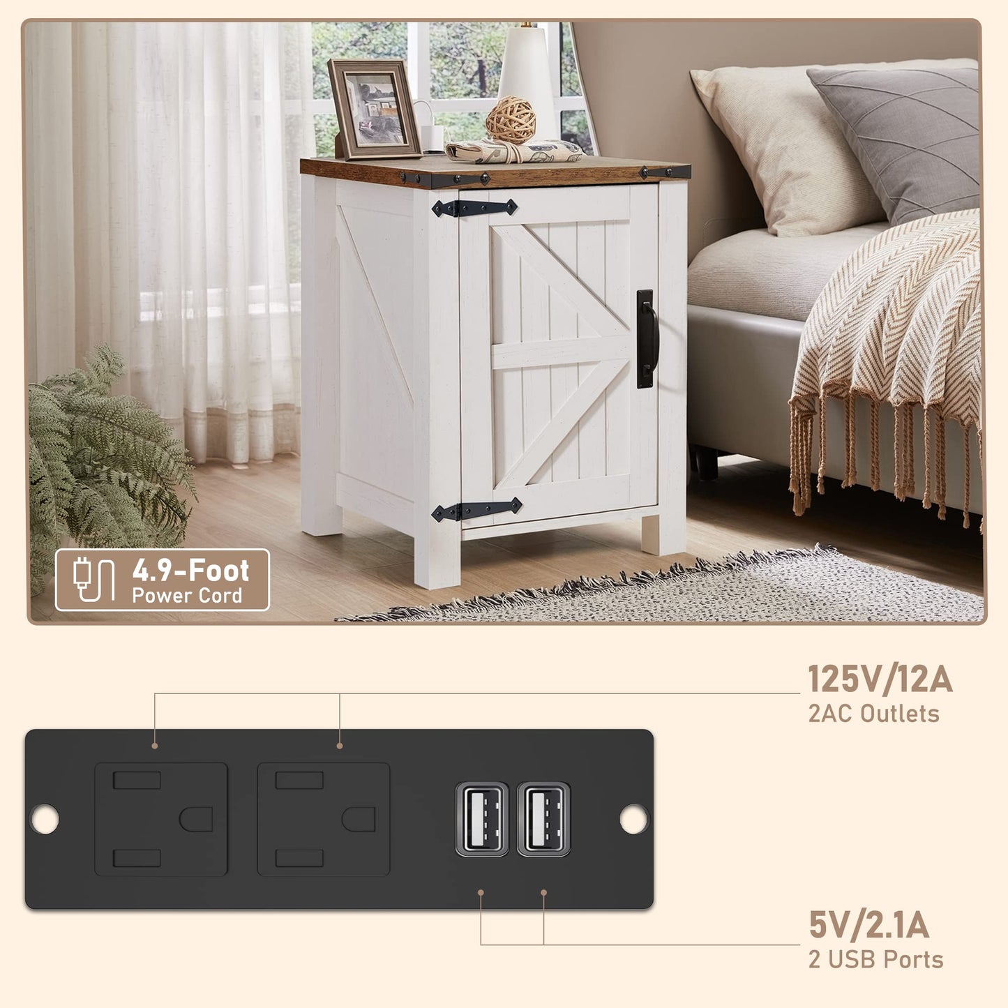 OKD Nightstand with Charging Station, 18 Inch Farmhouse End Table with Barn Door and Adjustable Storage Shelf, Rustic Wood Sofa Side Table w/Magnetic Door for Living Room, Bedroom, Antique White