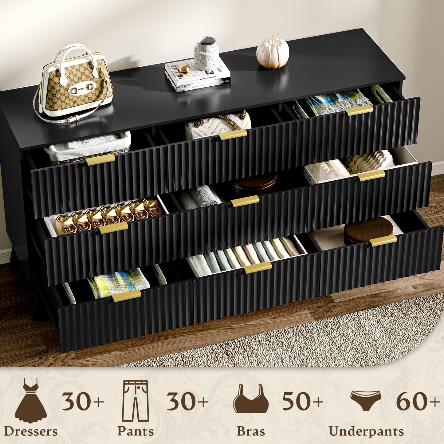 HUANLEGO Fluted Dresser for Bedroom with 9 Drawers, 57" Mid Century Modern Dresser of Closet TV Stand, Nature Wood Dressers with Gold Handle, Boho Closet Wide Modern Chest of Drawers, Black