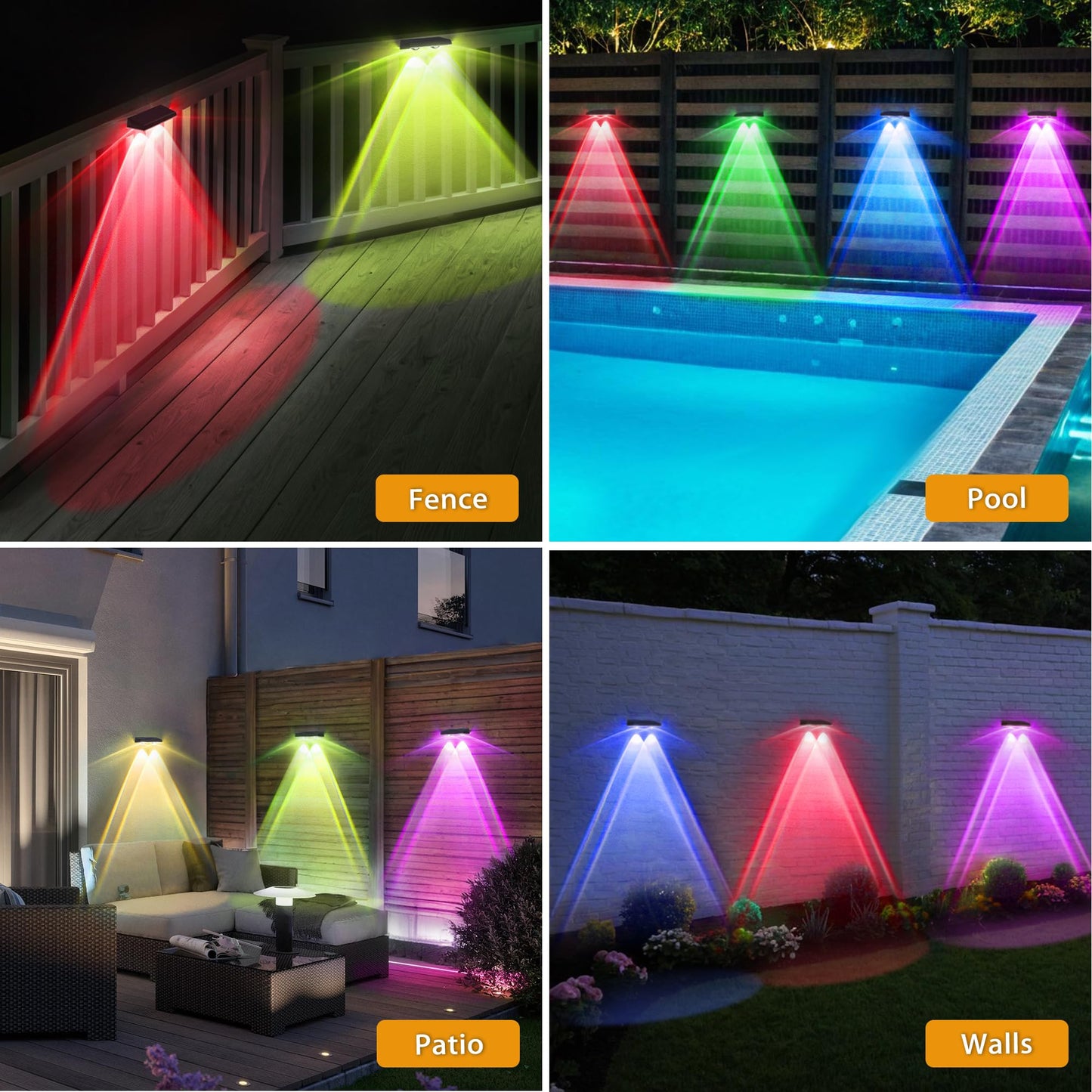SunFlickt Solar Fence Lights Outdoor 8-Pack | IP67 Waterproof Solar Wall Light | Dusk to Dawn Auto On/Off 12+ Hours for Outside/Backyard/Railing/Step/Patio/Deck/Pool (Warm White & RGB 7 Colors)