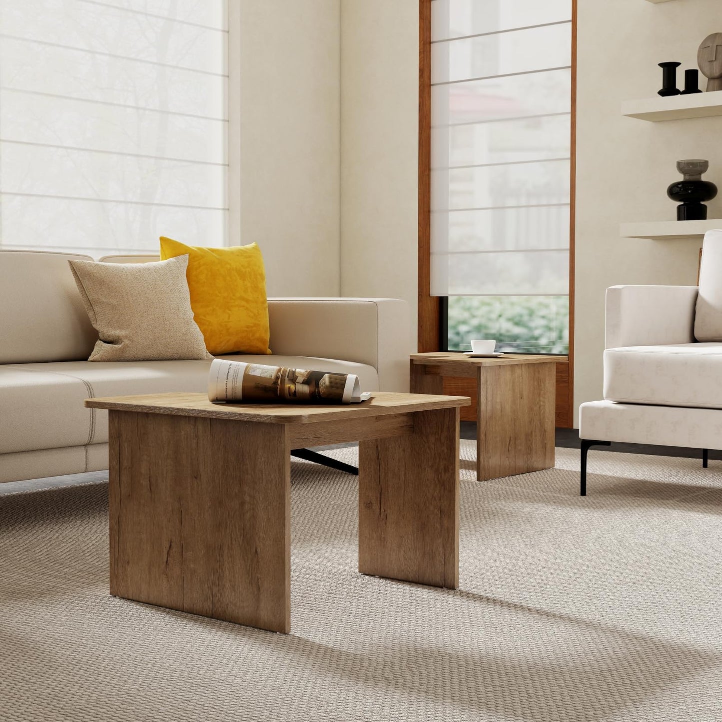 Modern Nesting Coffee Table Set of 2, Natural Wooden L-Shape Square Coffee Table for Living Room, Small Center Table End Table Sets with Rustic Wood Grain for Bedroom Office Cafe