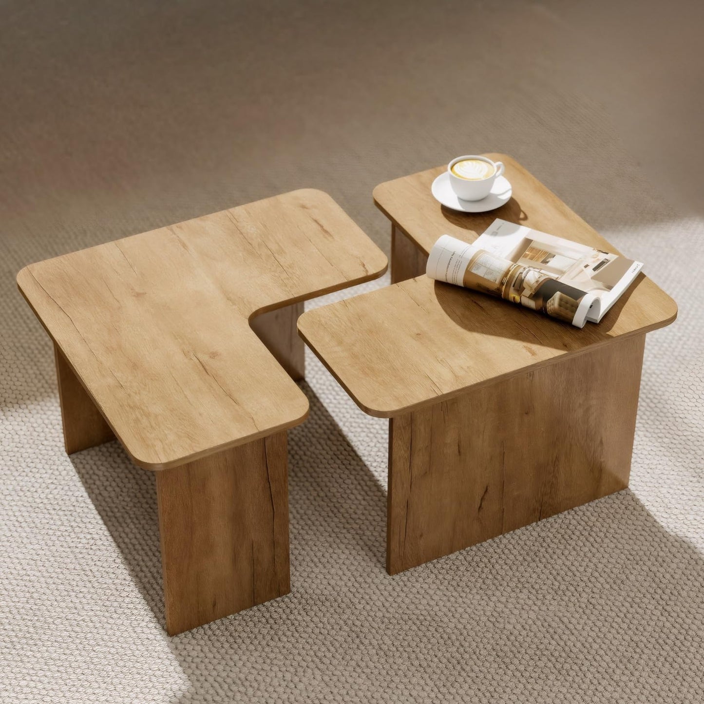 Modern Nesting Coffee Table Set of 2, Natural Wooden L-Shape Square Coffee Table for Living Room, Small Center Table End Table Sets with Rustic Wood Grain for Bedroom Office Cafe