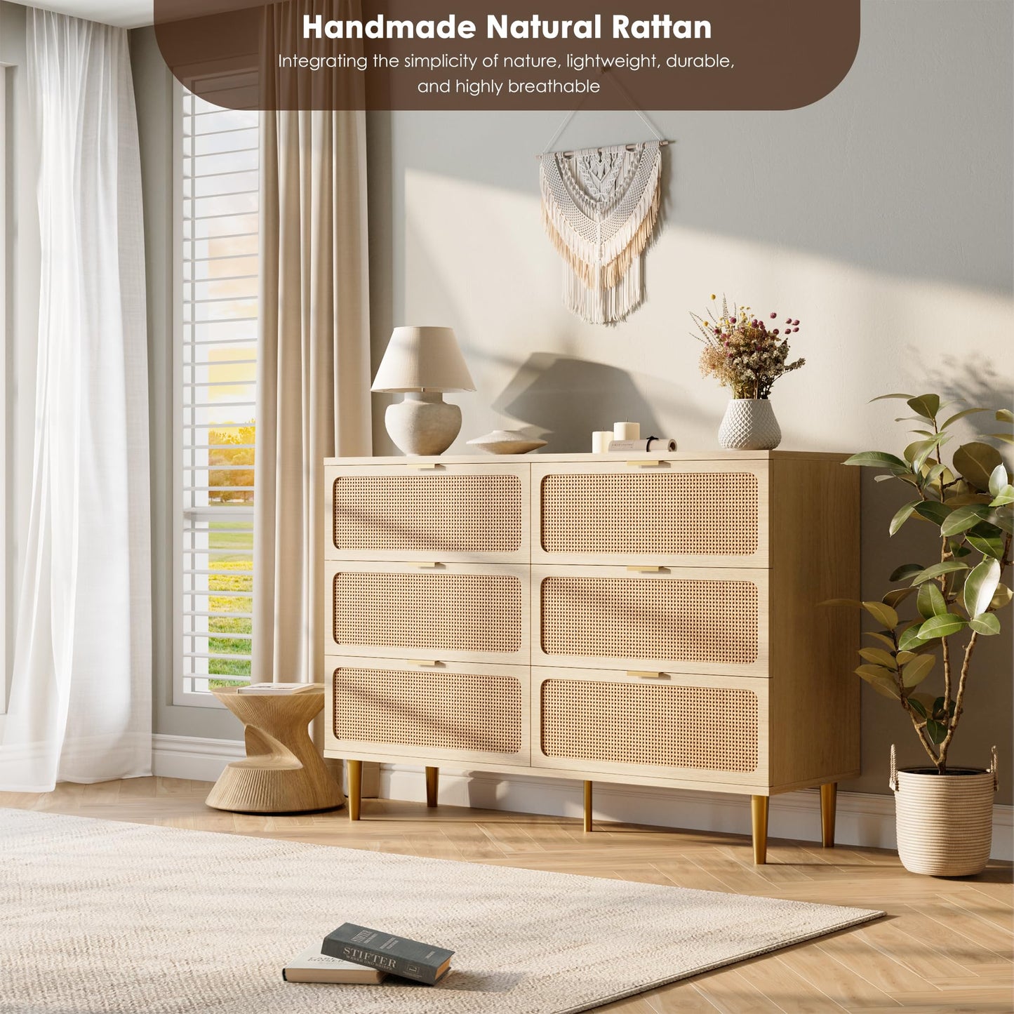 Rattan 6 Drawer Dresser for Bedroom, Large Double Dresser with Deep Drawers, Wooden Chest of Drawers for Closet with Wide Top, for Living Room, Hallway, Kids Room, Natural