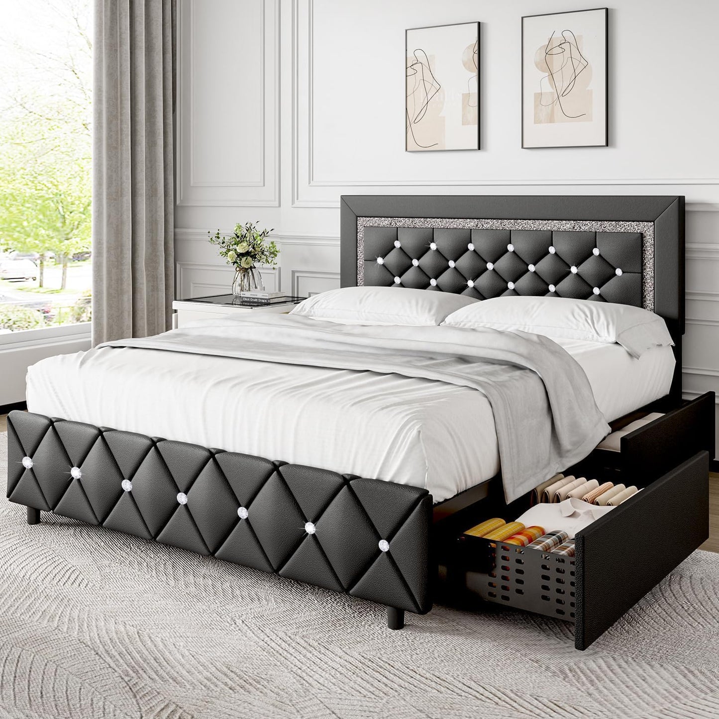 Queen Bed Frame with LED Lights, Upholstered Bed Frame with Storage Drawers, Modern Platform Bed with Diamond Headboard and Footboard, No Box Spring Needed, Black