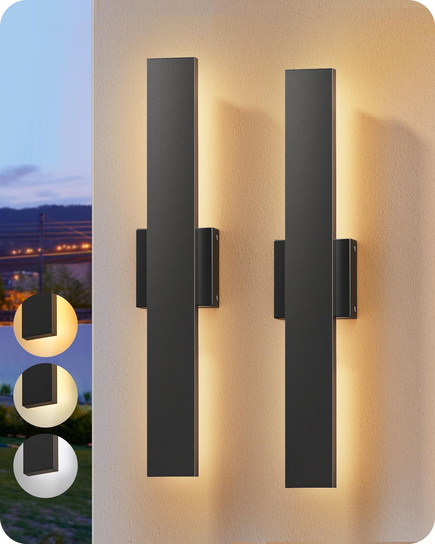 EDISHINE 2 Pack LED Outdoor Wall Lights Dimmable, 3000K 4000K 5000K, 15.7" Modern Black Outdoor Wall Sconce, IP65 Waterproof, Linear Exterior Wall Light for Entrance, Hallway, Garage, Porch