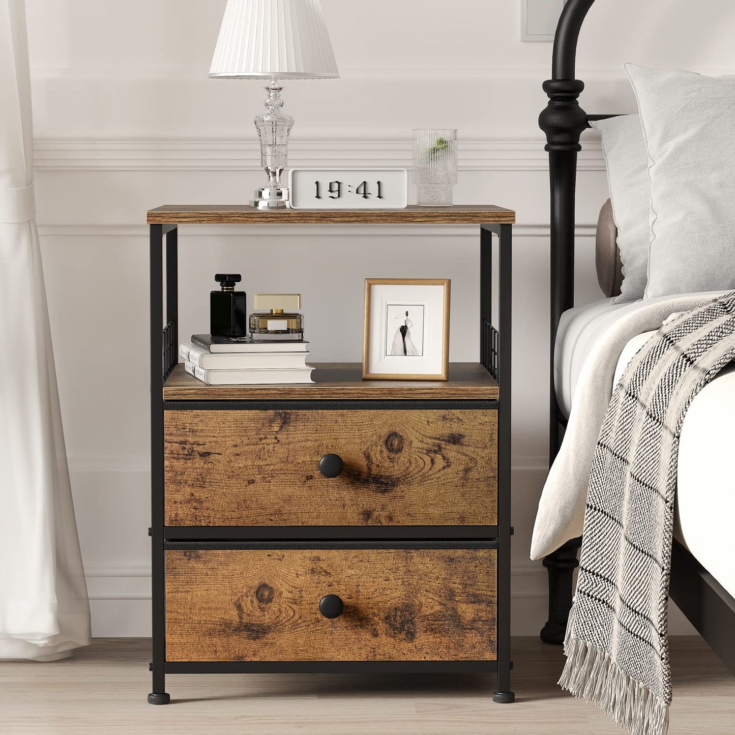 Nightstand Set of 2, 17.8"W Bedside Table with Fabric Drawers and Open Wood Shelf Storage, Safety Netting on 2 Sides of Bedside Table,Night Stand for Bedroom,Closet, Hallway, Dorm, Rustic Brown