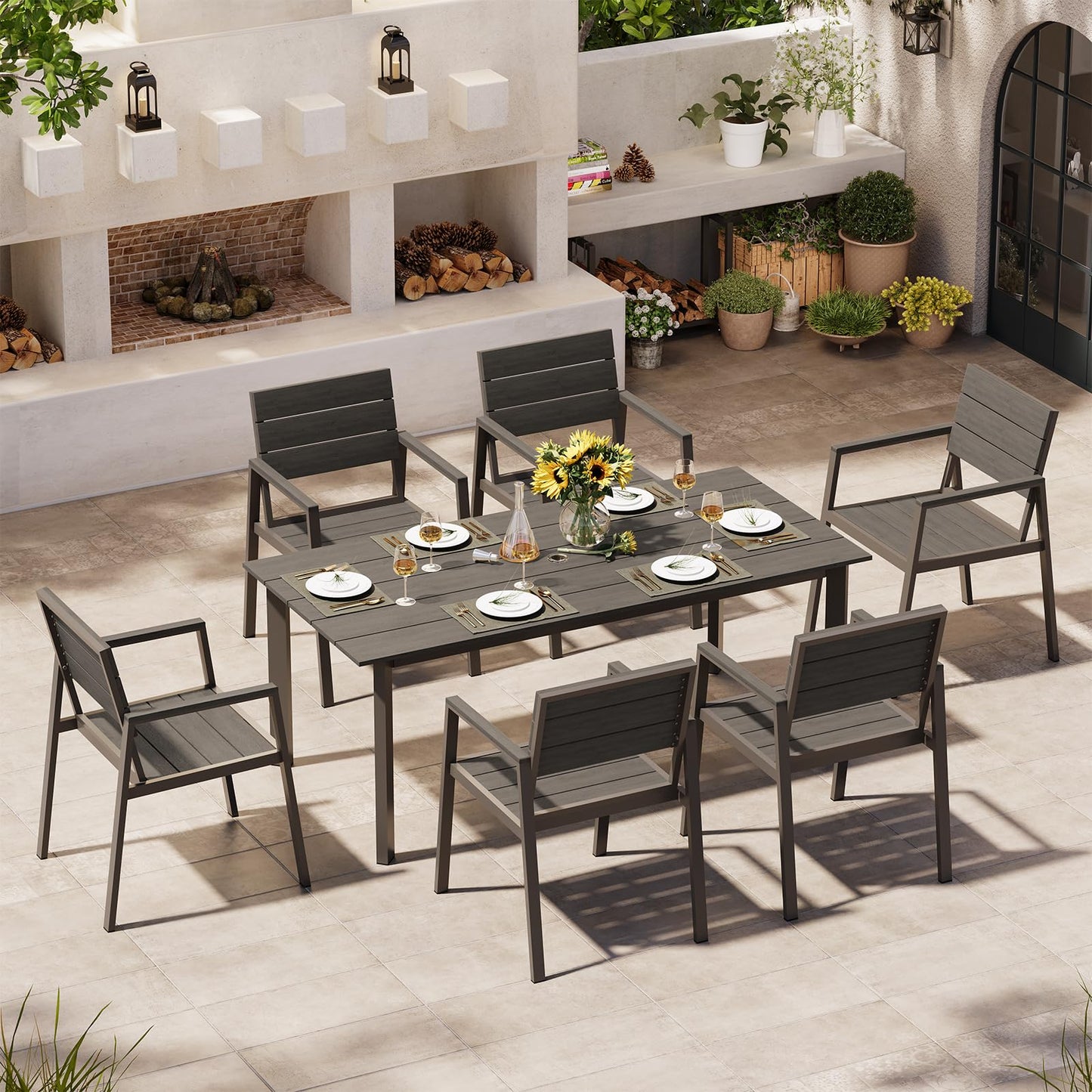 Oasbira Outdoor Patio Dining Table Sets 7-Piece Aluminum and HDPS All-Weather Table and Chairs with Umbrella Hole, Patio Modern Furniture Sets for Garden, Backyard, Lawn, and Poolside, Charcoal