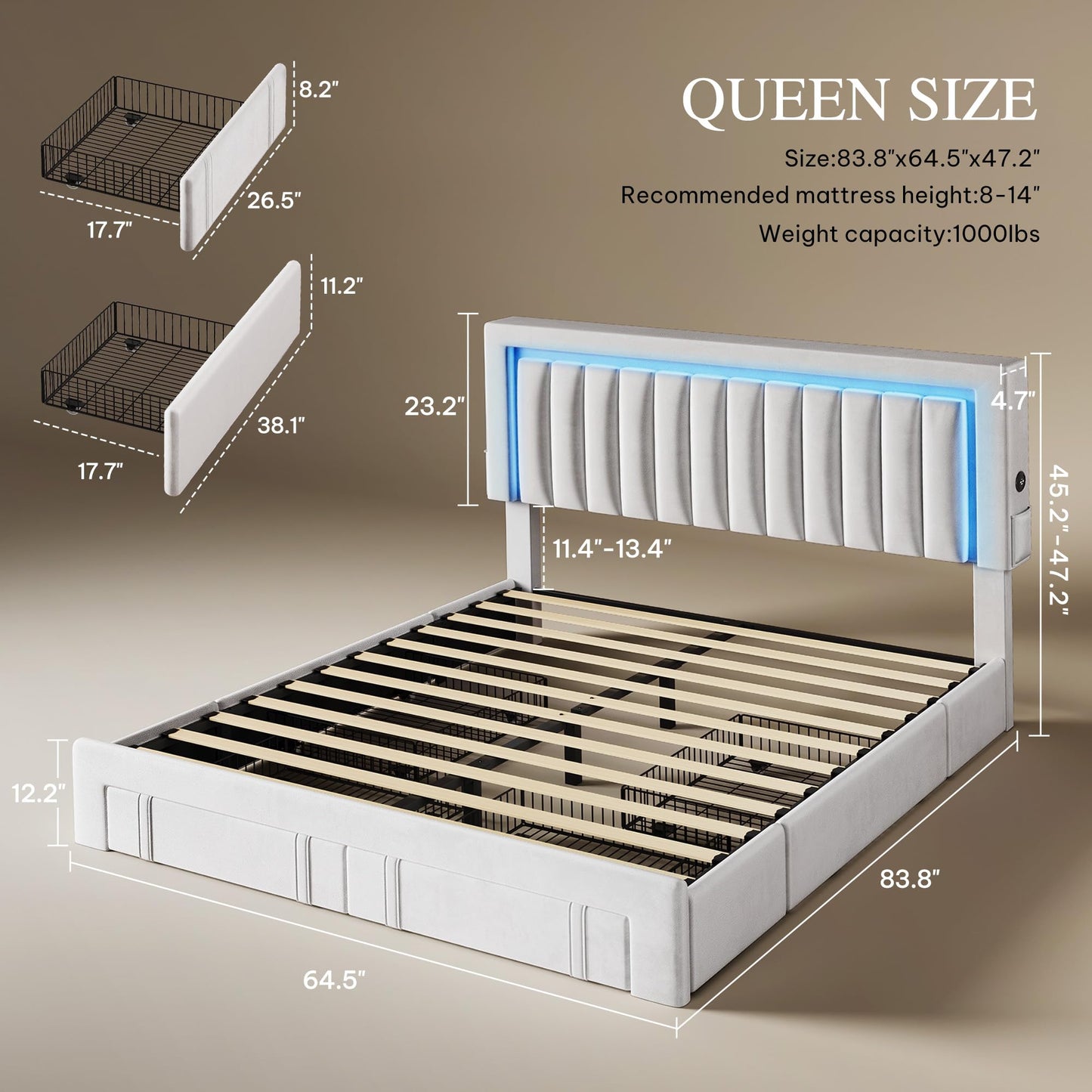 DWVO Queen Size Bed Frame with Adjustable Headboard, 4 Storage Drawers and RGB LED Lights, Velvet Upholstered Platform Bed with USB Ports, No Box Spring Needed, Fast Assembly, Noise-Free, White