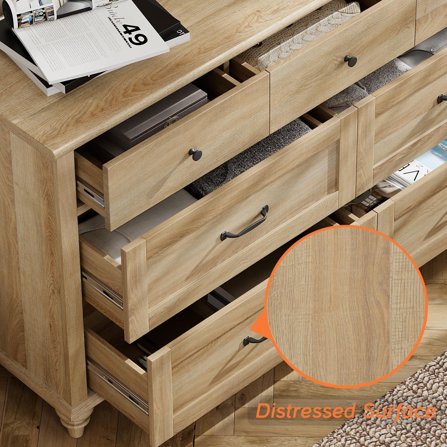 WAMPAT Wide Kids Dresser with 7 Drawers for Bedroom, Farmhouse Baby Dresser for Nursery & Kids Room, Wooden Chests & Dressers Closet Organizer for Children's Bedroom, 54 Inch, Oak
