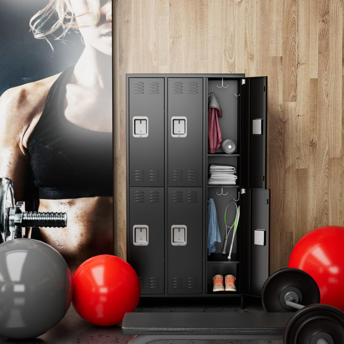 Aobabo Metal Locker for Employees, 6 Doors Metal Locker Cabinet with Lock, Industrial Storage with 18 Hooks, Storage for Office Gym, Dormitory, Assembly Required, Black