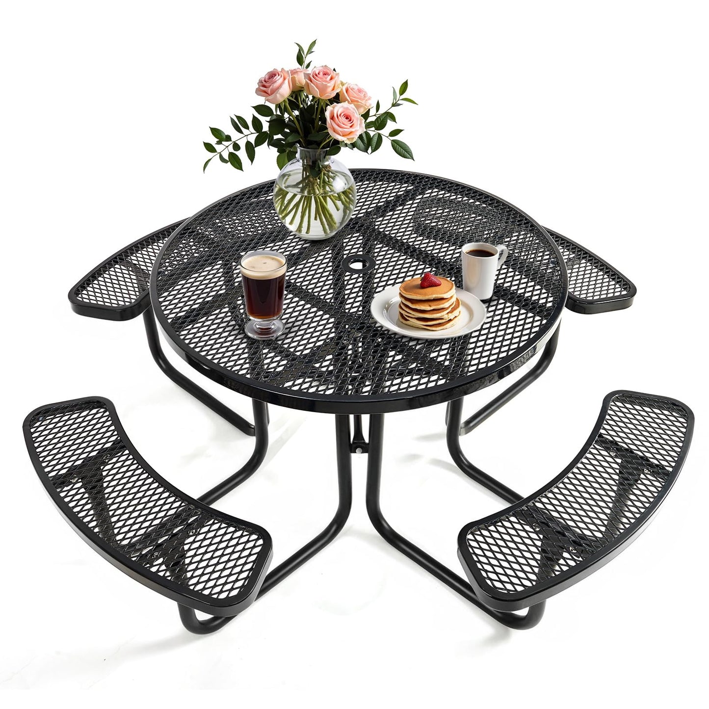 Jinrrenyi 46IN Circle Metal Picnic Table Set with Umbrella Hole and Benches for Outdoor, Expanded Heavy Duty Metal Commercial Grade Patio Dining Furniture for Yard Patio Lawn Party Coffee, Black