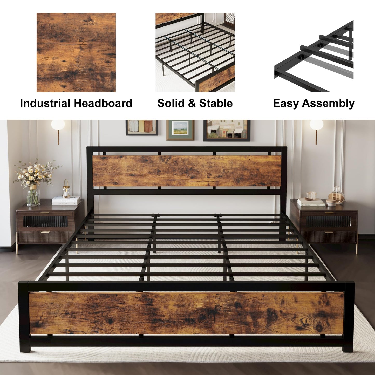 LIKIMIO King Bed Frame with Headboard and Footboard, Metal Strong Supports, Easy Assembly, Noise-Free, No Box Spring Needed, Vintage Brown