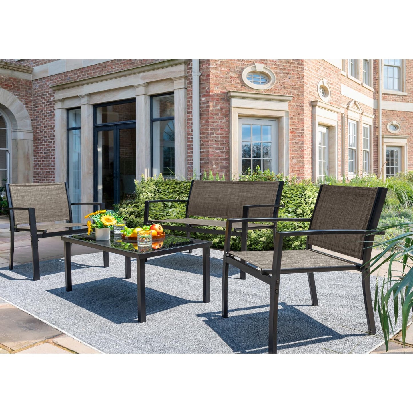 Devoko 4 Pieces Patio Furniture Set Outdoor Garden Patio Conversation Sets Poolside Lawn Chairs with Glass Coffee Table Porch Furniture (Brown)