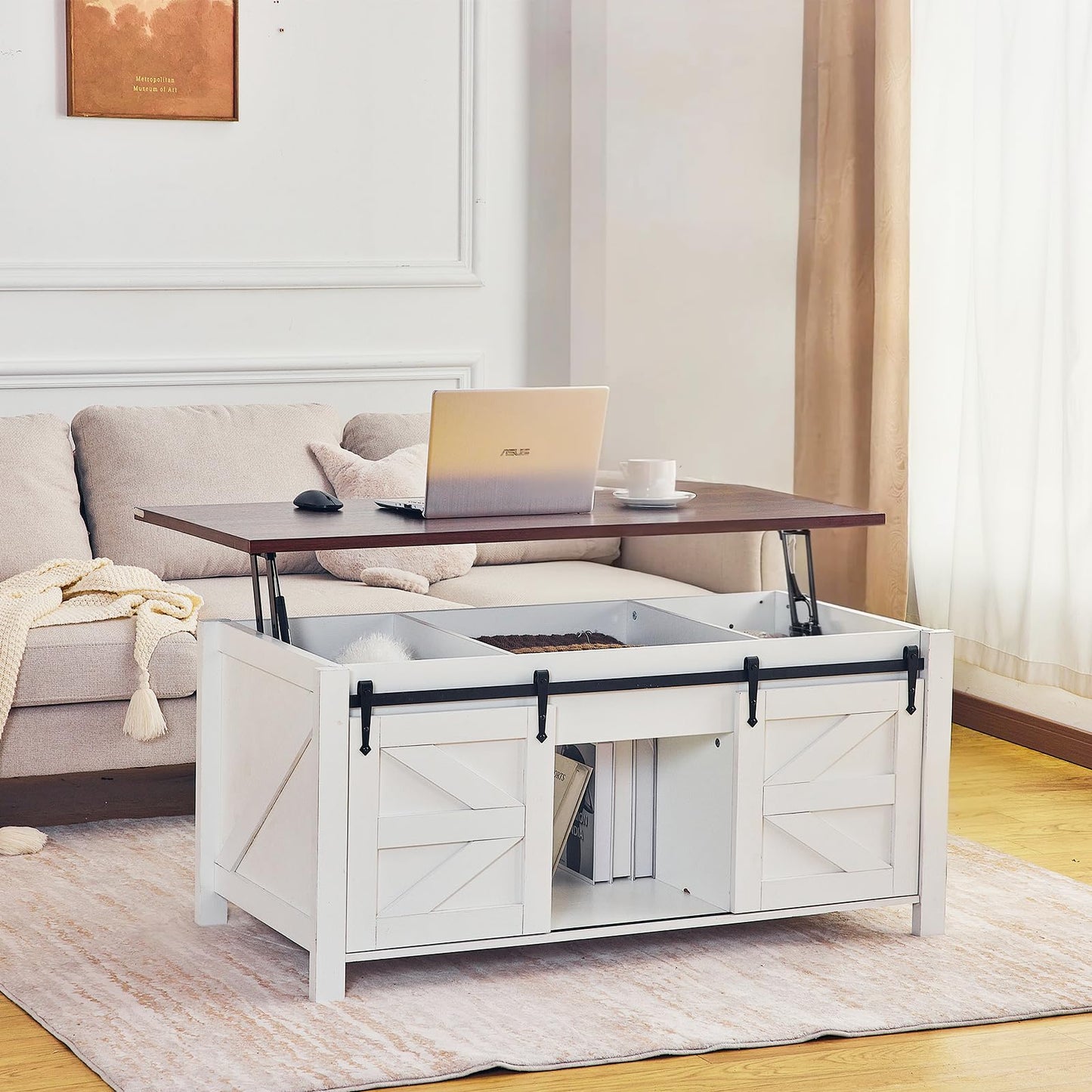 Redlife Lift Top Coffee Table with Storage, 47" Farmhouse Coffee Tables with Sliding Barn Door and Hidden Storage Space, 4 in 1 Multi-Function Square Coffee Table for Living Room, Office, White