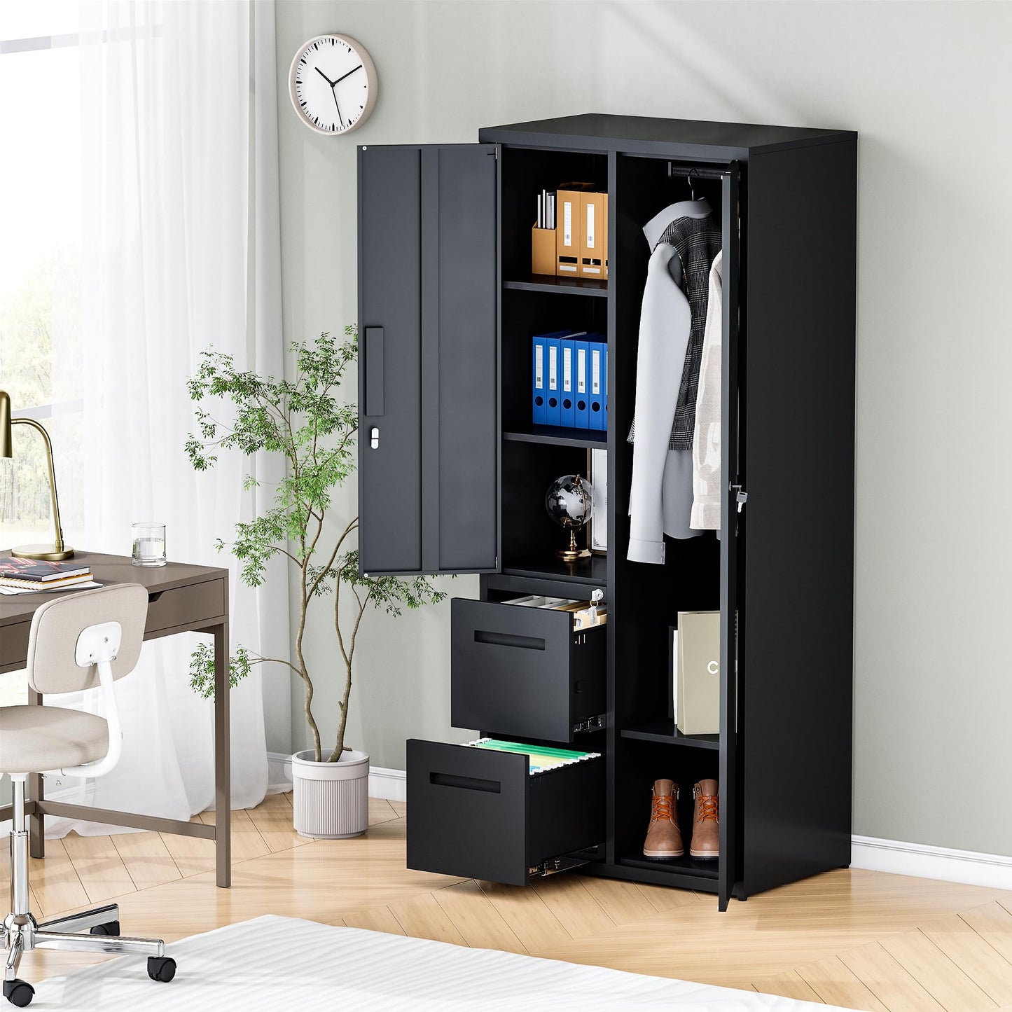 Anxxsu Metal Storage Cabinets Locker, 67" Locker with Clothes Rod, Lockable Freestanding Wardrobe for Office, Home, School, Laundry Room, Gym (Black)