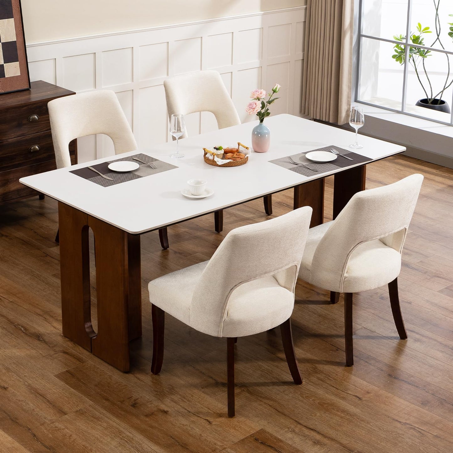 UVV Wooden Dining Chairs Set of 4, Modern Fabric Upholstered Kitchen and Dining Room Chairs, Farmhouse Dining Chair with Solid Wood Legs, Beige