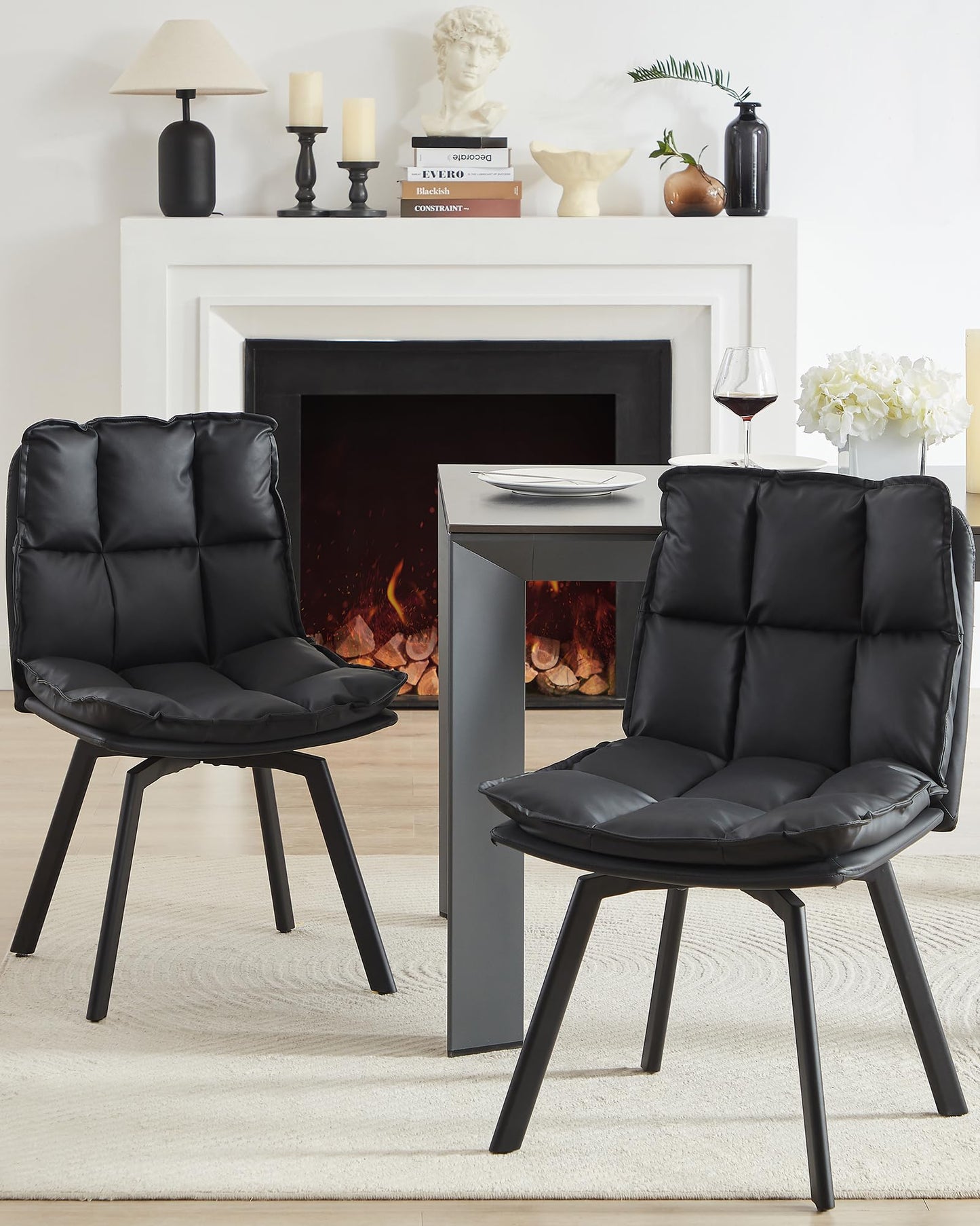 BedsPick Swivel Dining Chair Set of 2 - Faux Leather Upholstered Kitchen Chair, Mid Century Modern Dining Room Chair with Rotating Seats and Metal Legs (Black)