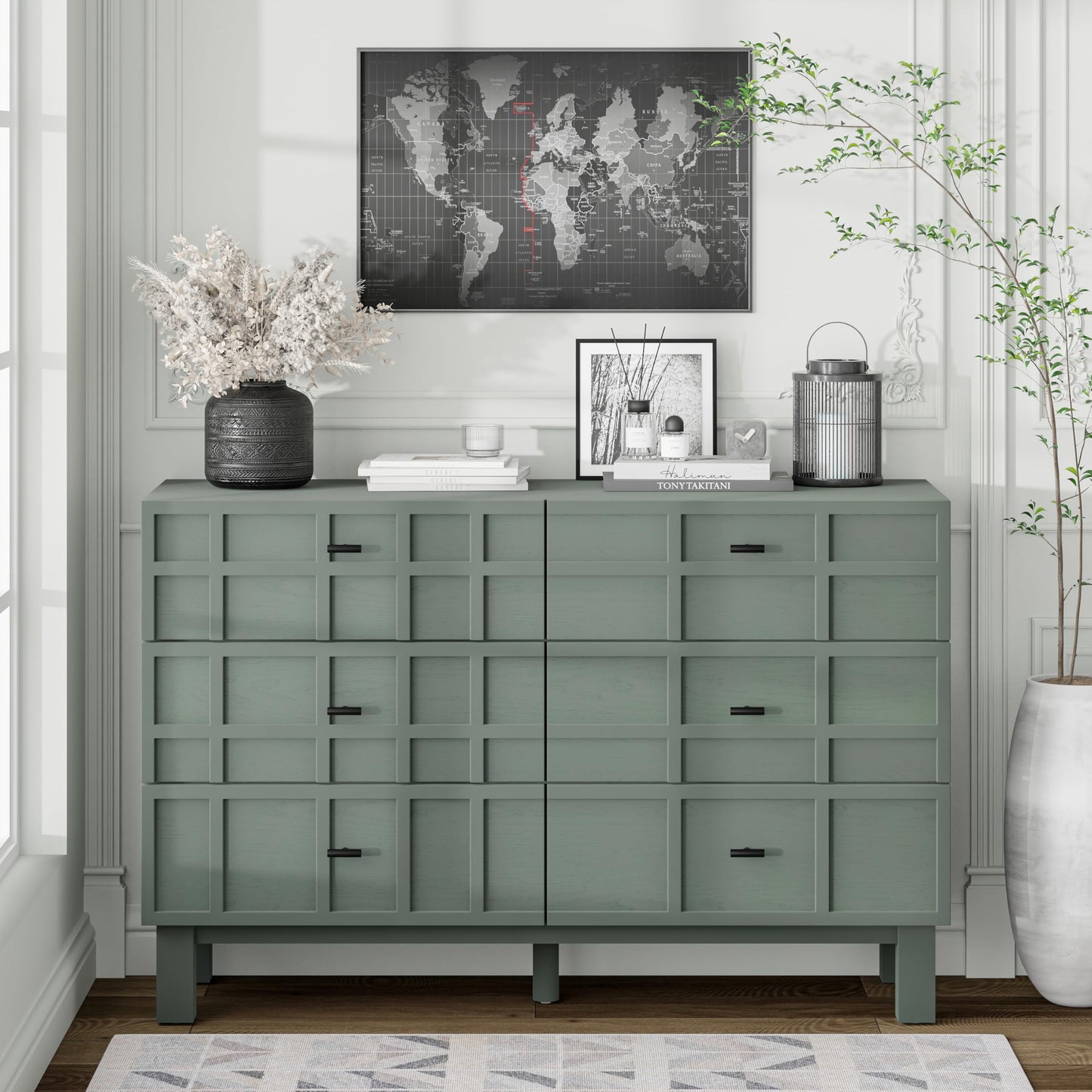 Aoikax Modern 6 Drawer Double Dresser with Grid Carved Pine Front, Minimalist Chest of Drawers with Large Storage Space Metal Base for Bedroom, Ash Veneered Top, Metal Legs, Light Green