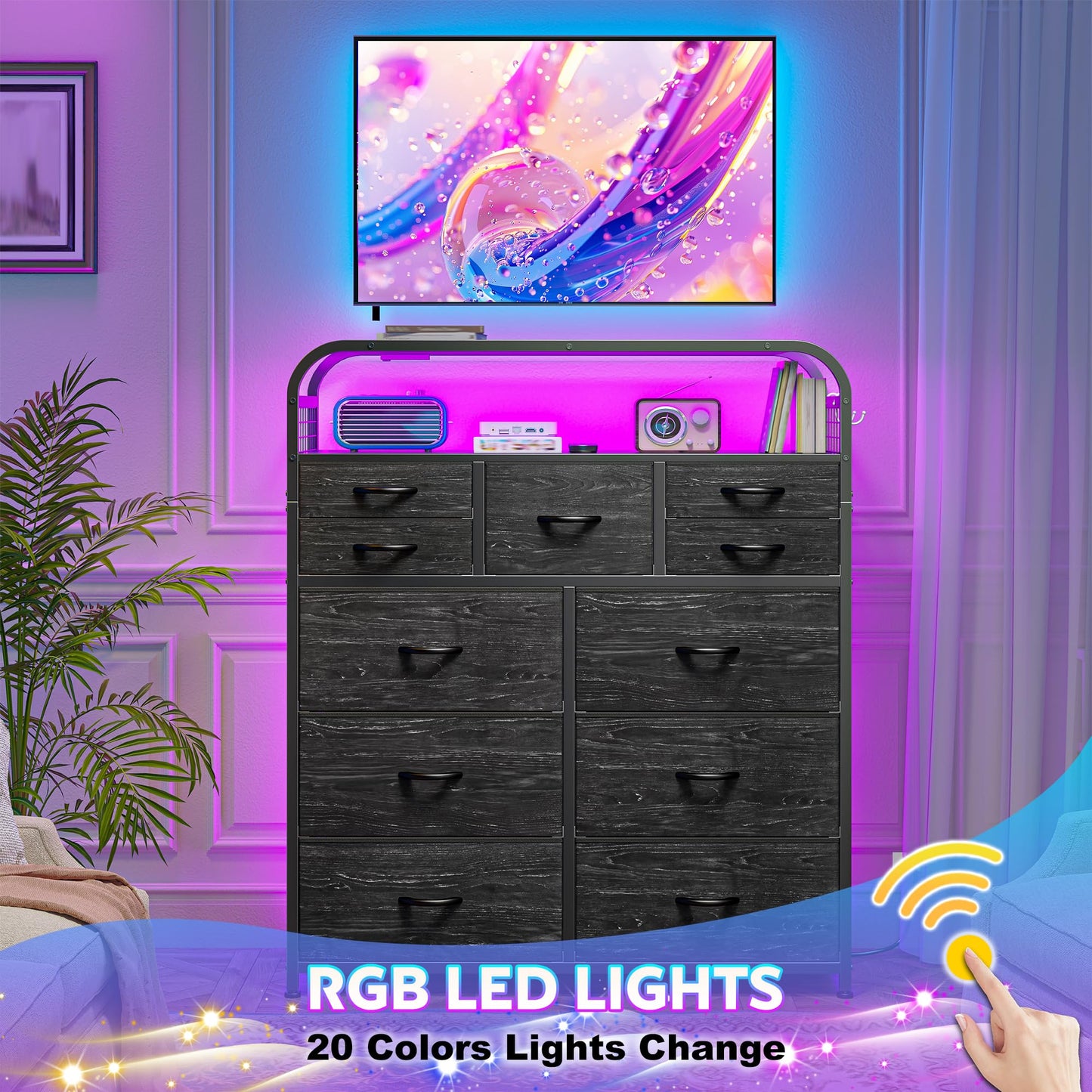 Dresser for Bedroom with 11 Drawers & Station, Chest of Drawers with LED Lights & 4 Hooks, Closet, Living Room, Entryway, Black