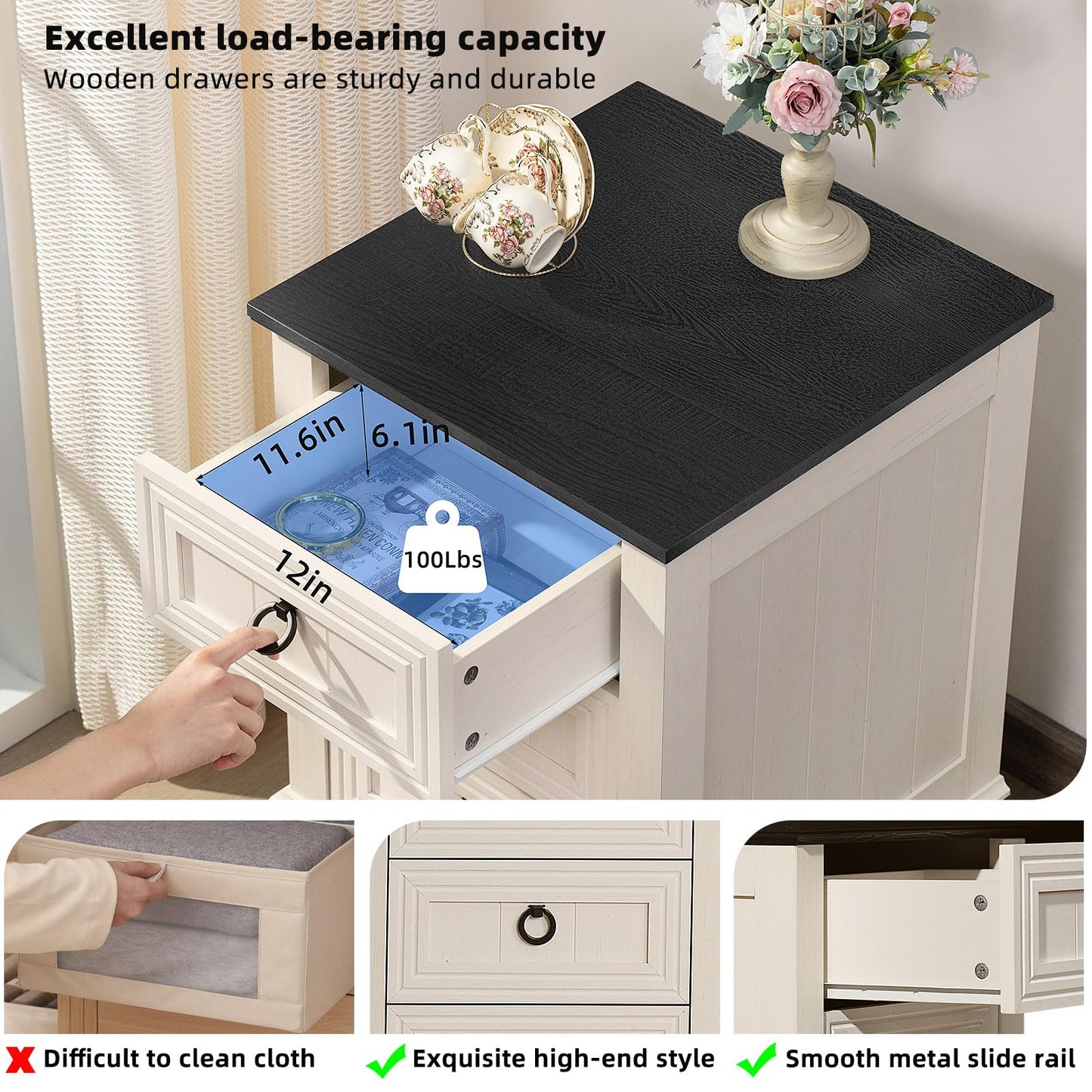 Joaxswe Farmhouse Night Stand Set of 2, 18" End Table with 3 Drawer Metal Handle, Dresser for Bedroom, Sofa Bed Side Table Chest of Drawers,Wood Nightstand Cabinet for Organizer, Living Room-White