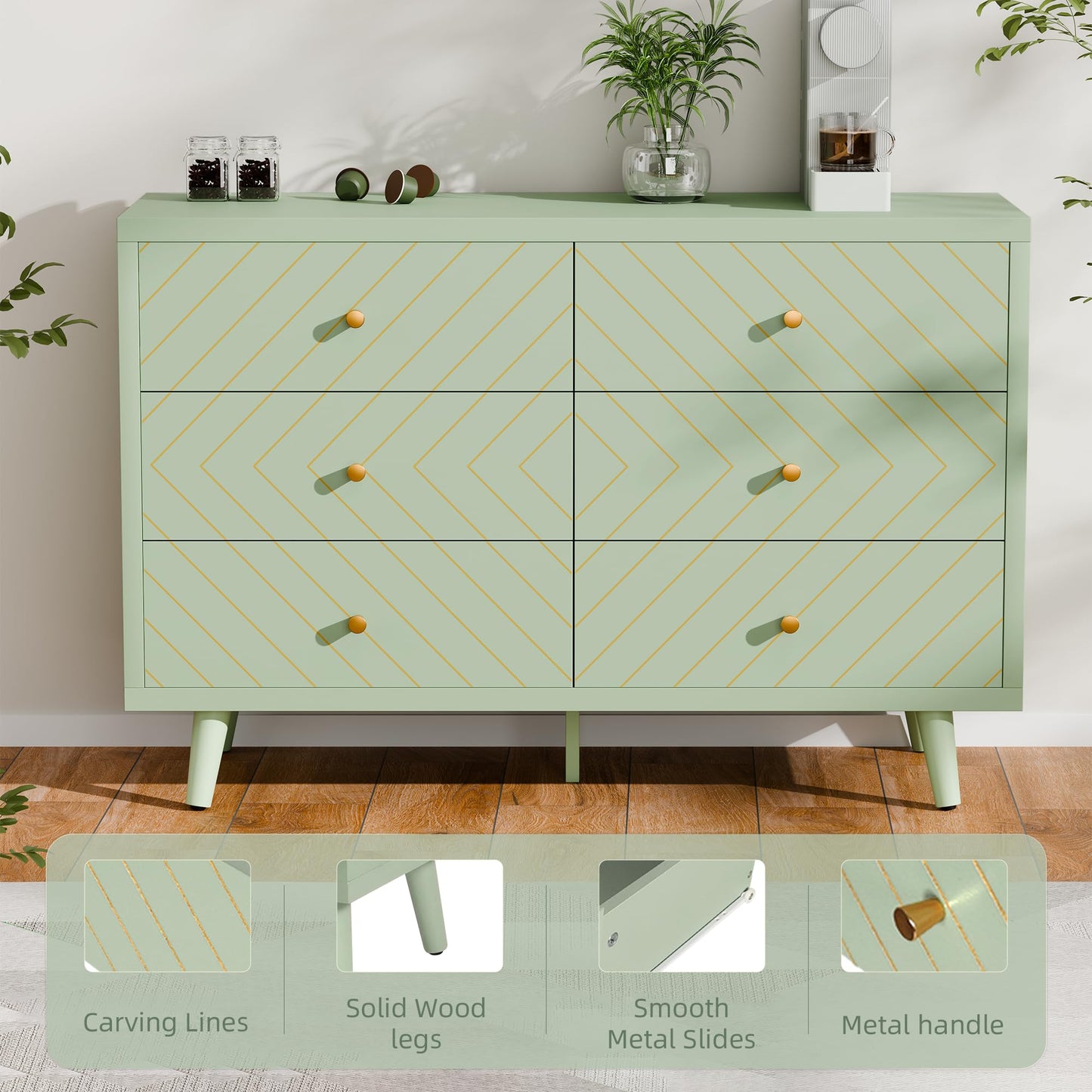 FNCK Green Dresser for Bedroom, 6 Drawer Dresser with Wide Drawer, Wood Dressers & Chests, TV Stand for 50" TV, Modern Storage Cabinet for Dorm, Hallway, Dressers and Nightstand Sets