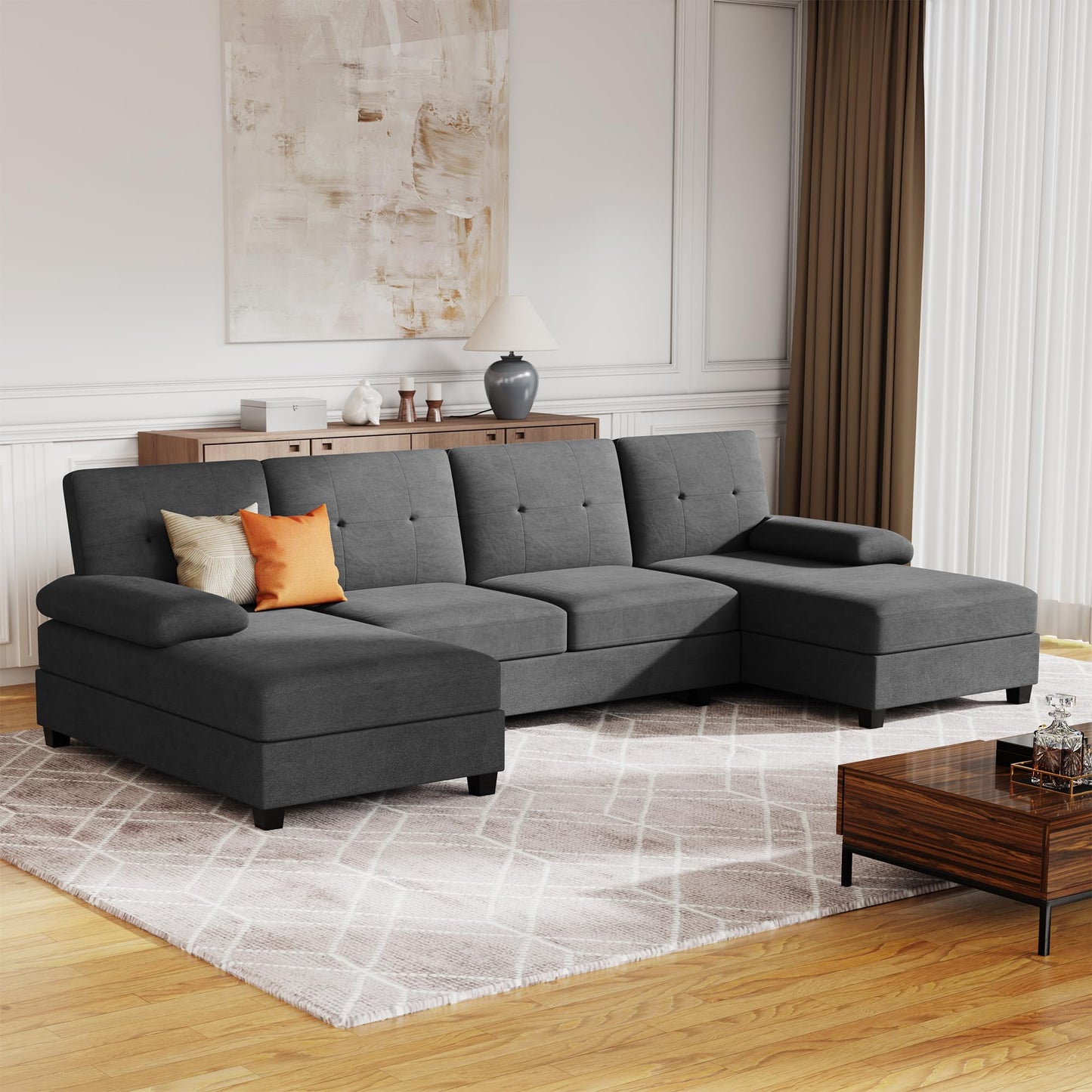 JAMFLY Sectional Sofa Couches for Living Room, U Shaped Sofa Living Room Furniture Sets, 4 Seat Modular Sectional Couch with Chaise, Black Grey