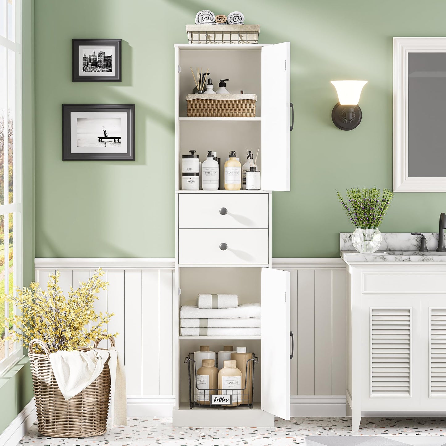 DDONGMM Tall Bathroom Storage Cabinet with 2 Drawers, Farmhouse Narrow Storage Unit with 2 Doors and Adjustable Shelves, 67" Tall Cabinet for Bathroom, Kitchen, Home Office (White, 1 Piece)