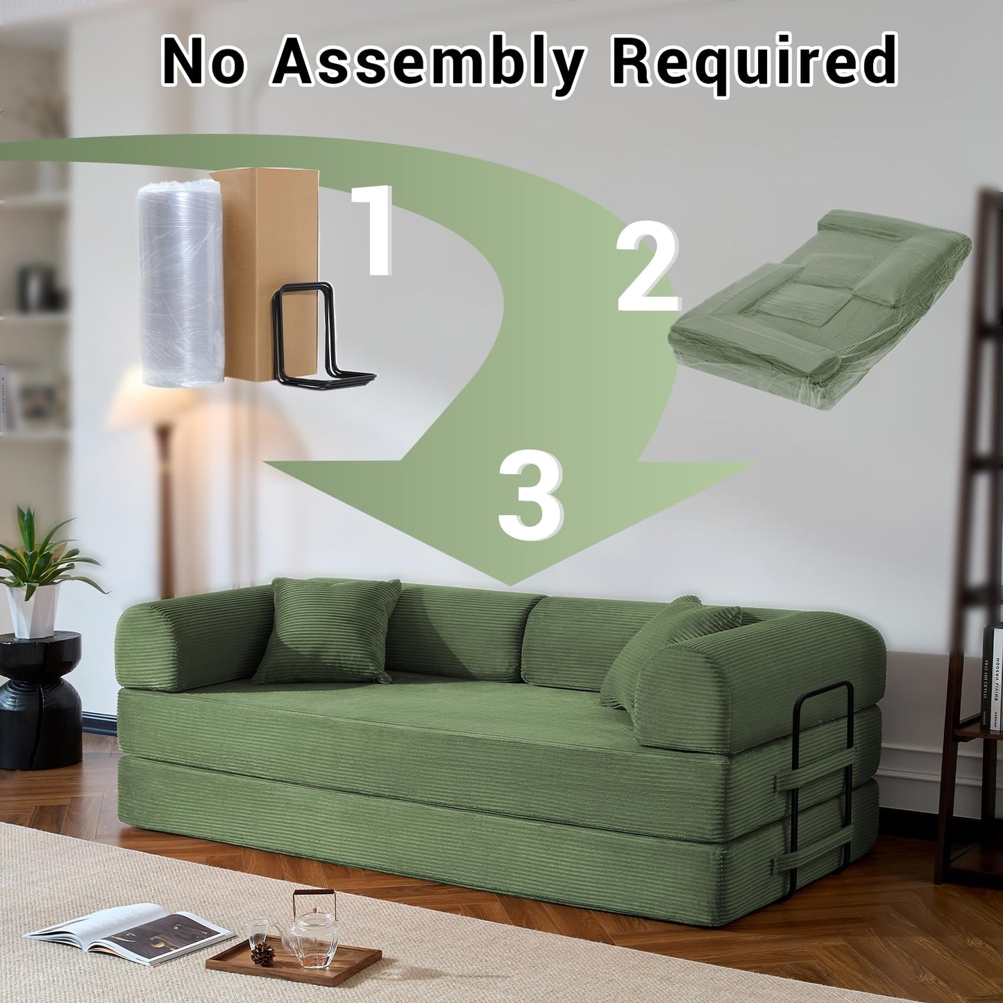 NNQ Compressed Sofa - Convertible Sofa Bed, Corduroy Compression Boneless Couch in a Box, Comfy Modular Foldable Floor Sleeper Sofa for Bedroom, Living Room (Corduroy Fabric, Olive Green)