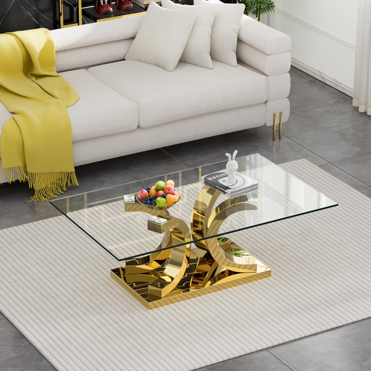 SSLine Modern 1 Piece Living Room Coffee Table Luxury Tempered Glass Coffee Table with C-Shaped Stainless Steel Base for Living Room Bedroom Office (1 Coffee Table)