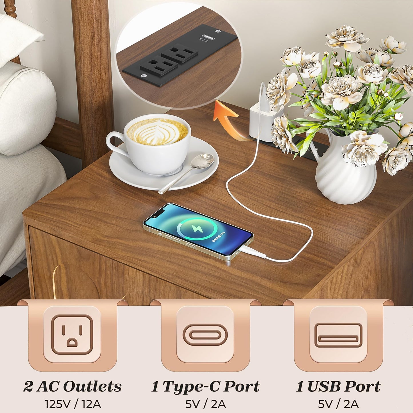 Limaoaio Nightstands Set of 2, 15.74'' Wide Night Stand with Drawer and Open Storage, Mid-Century Modern Wooden Bed Side Table End Table with Charging Station for Bedroom, Living Room (Walnut, 2Pcs)