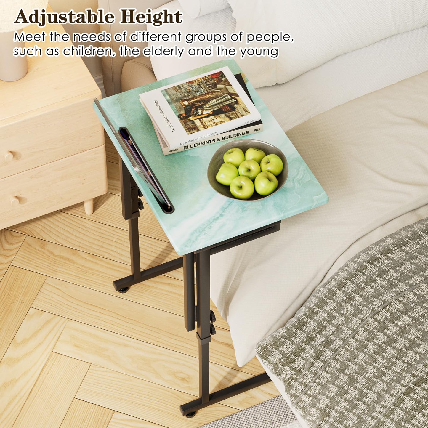 Fleecy day Folding TV Tray Table,Adjustable TV Dinner Table with Sturdy MDF Top,Eating Trays for Living Room with No Assembly Required (Sea Blue)