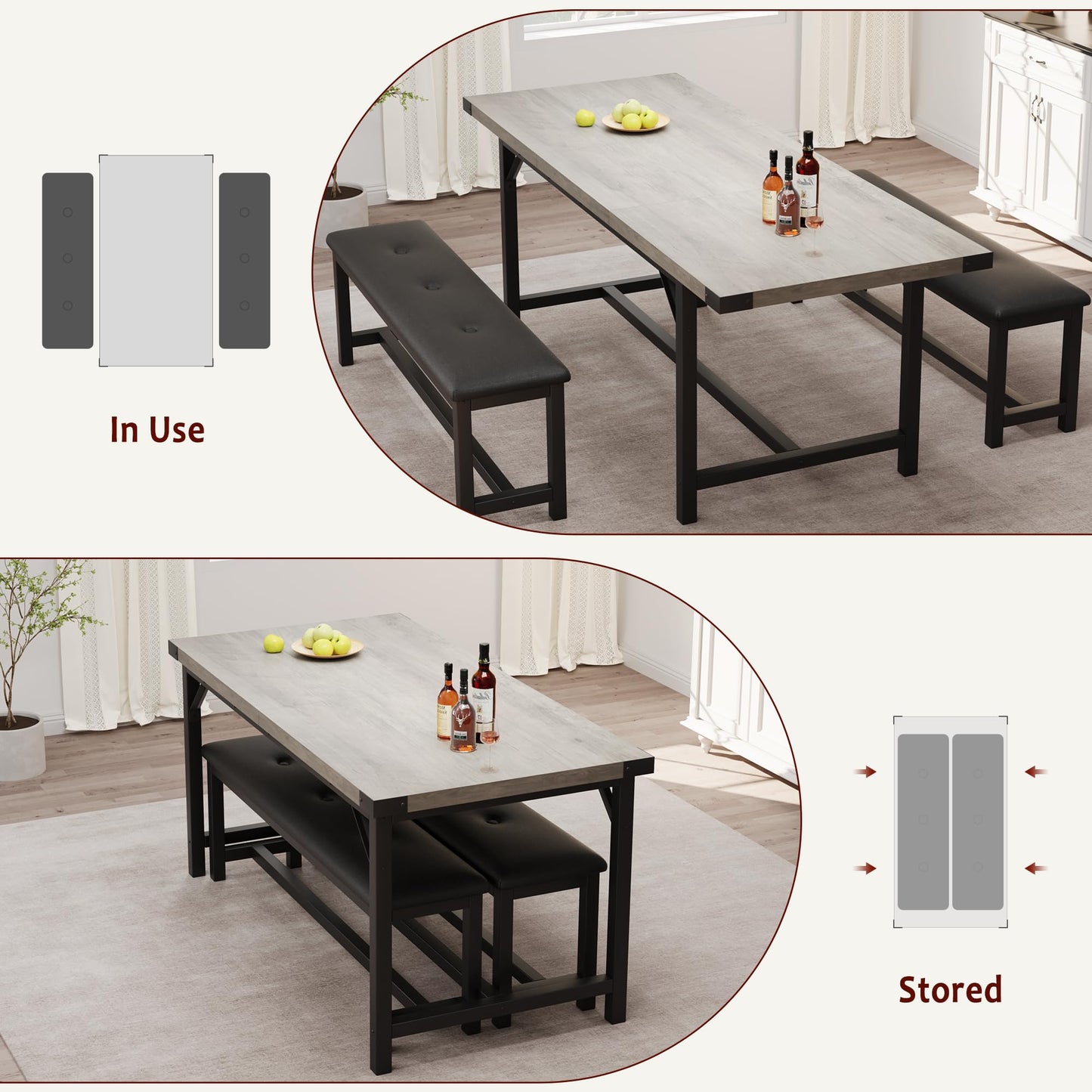 GarveeHome Dining Table Set for 4-6, 63" Large Extendable Dining Room Table Set for 6, Wood Rectangle Kitchen Table with 2 Soft Benches for Apartment, Small Space, Easy Assembly, Rustic Gray