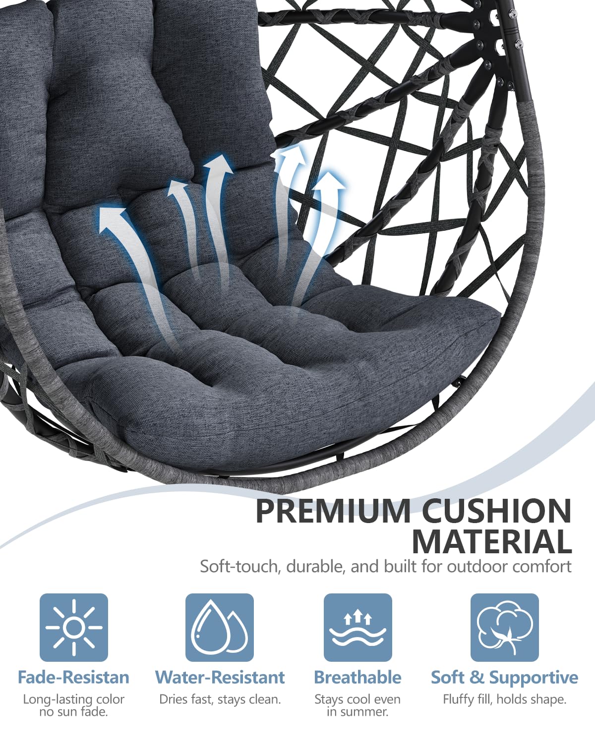 SWITTE Hanging Egg Chair with Stand, Outdoor & Indoor Wicker Egg Swing Chair with Cushion, 400LBS Capacity for Patio, Bedroom & Garden - Dark Grey
