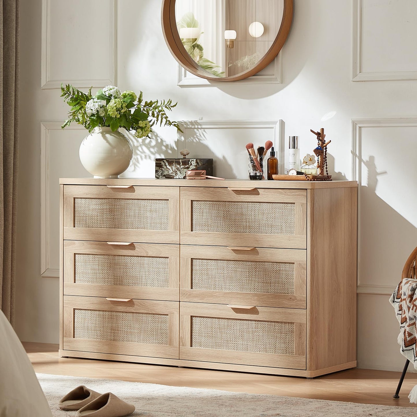 LEYAOYAO Rattan 6 Drawer Dresser for Bedroom, Boho 48" Wide Natural Wood Dresser Chest of Drawers, Dressers TV Stand with Metal Handle, Storage Dressers Closet Organizer for Living Room, Hallway