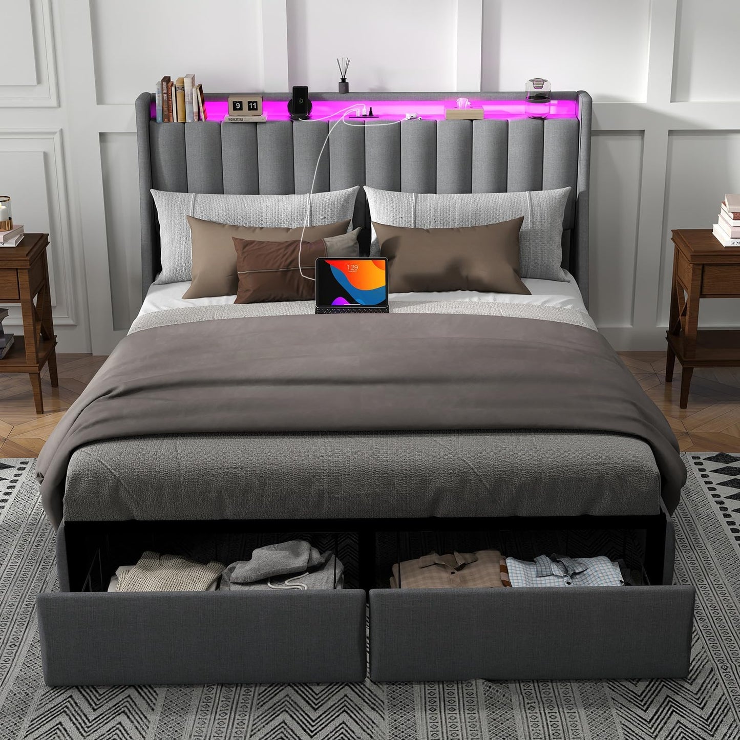 Queen Bed Frame with Headboard and 2 Storage Drawers, Platform Bed Frame Queen Size Upholstered with LED Lights and Charging Station, Steel Slat Support, No Box Spring Needed, Easy Assembly, Gray