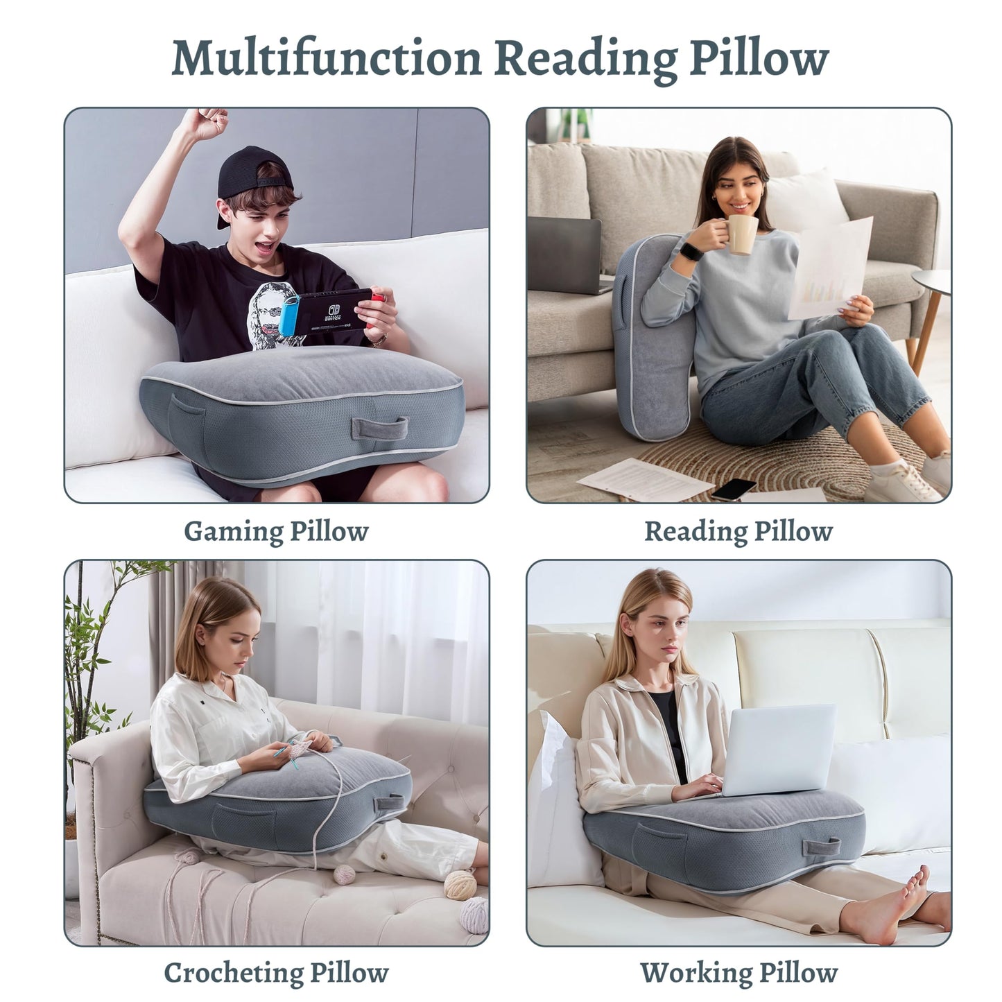 Daneey Reading Pillow for Gaming, Gaming Pillow for Bed with Arm Rest, Lap Desk Pillow, Side Sleeper Pillows for Adults Laptop Pillow for Lap Back Pillow for Bed Sitting up, Ideal for Bed Couch Sofa