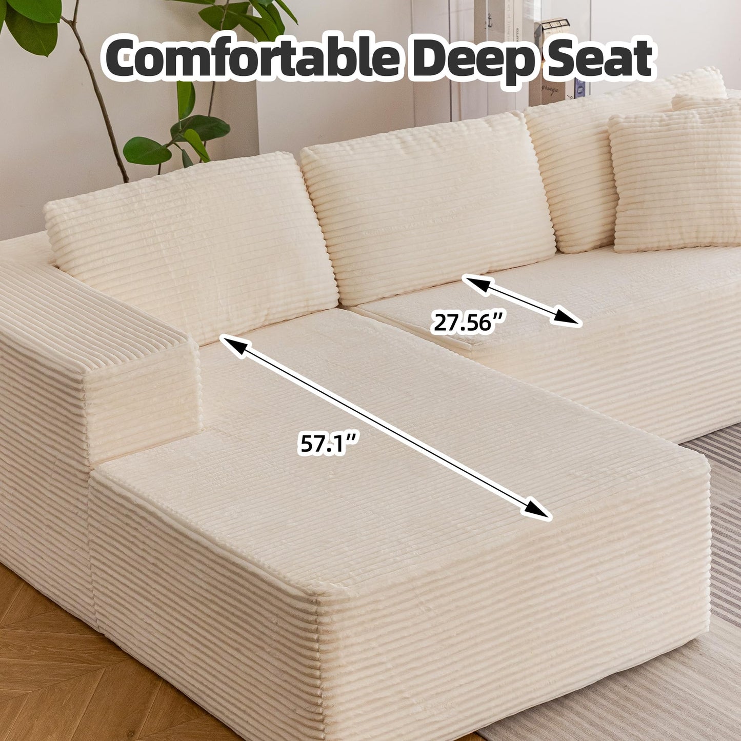 HOMREST 106" Cloud Sectional Couch with Chaise Lounge, L-Shape Modular Sectional Sofa with Deep Seat, Upholstered Couches for Living Room Bedroom, No Assembly Required, Beige (Plush Corduroy Fabric)