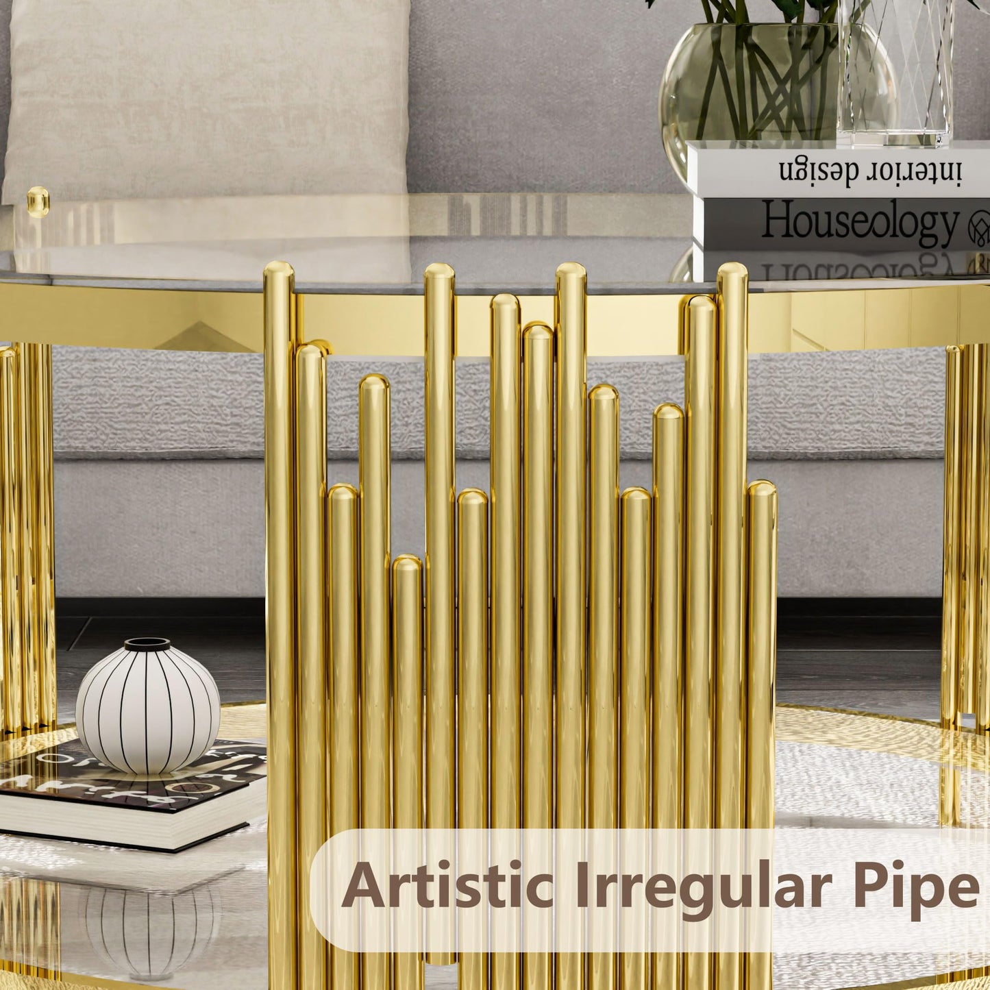 Glass Coffee Table Round Modern Living Room Table, Gold Stainless Steel Metal Leg Clear Tempered Glass, Sofa Center Tables Furniture for Home Office, Gold