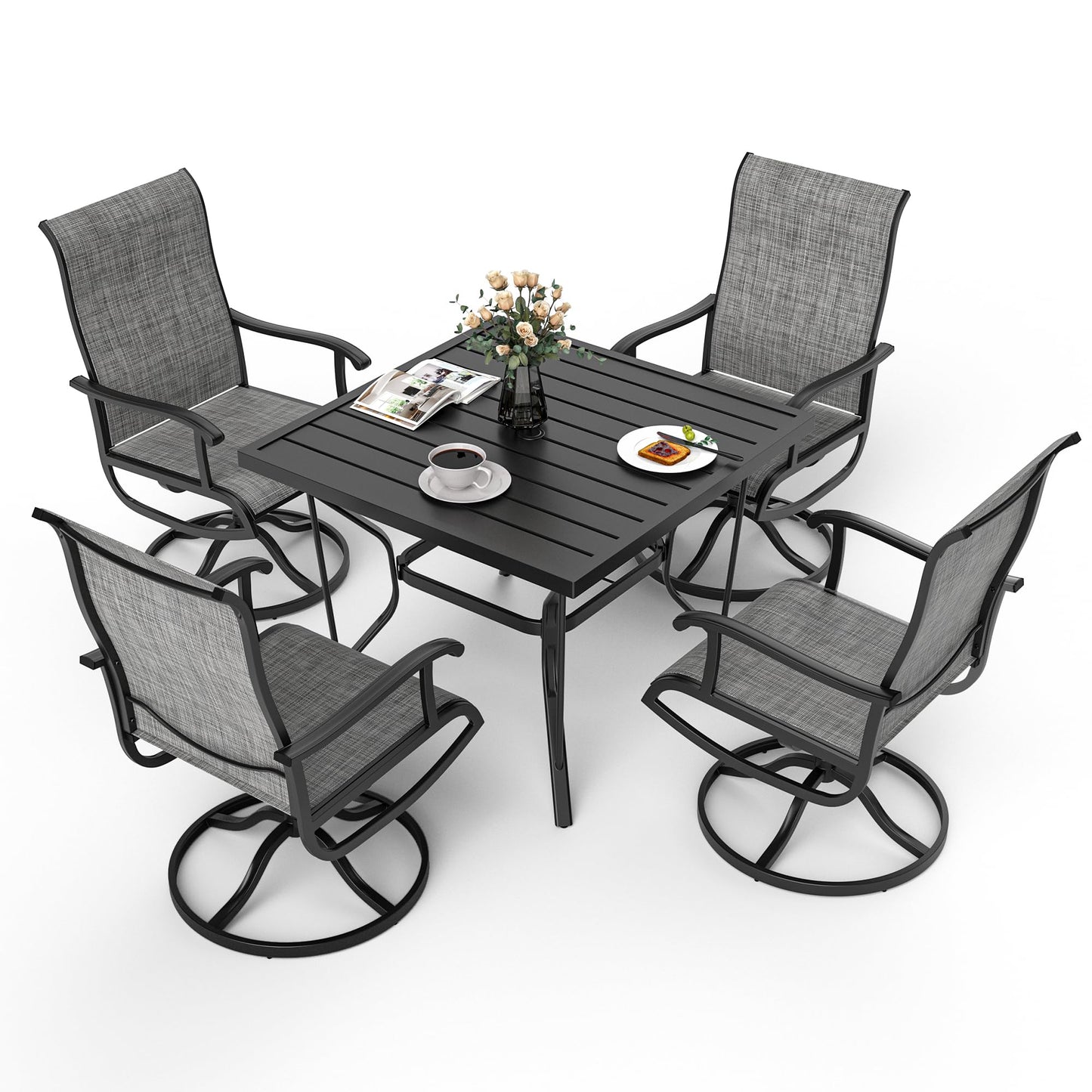 Pamapic 5-Piece Outdoor Dining Set, Patio Dining Set for 4, Outdoor Table and Chairs, All-Weather Outdoor Patio Set with Textilene Swivel Chairs for Garden, Poolside, Deck，Gray