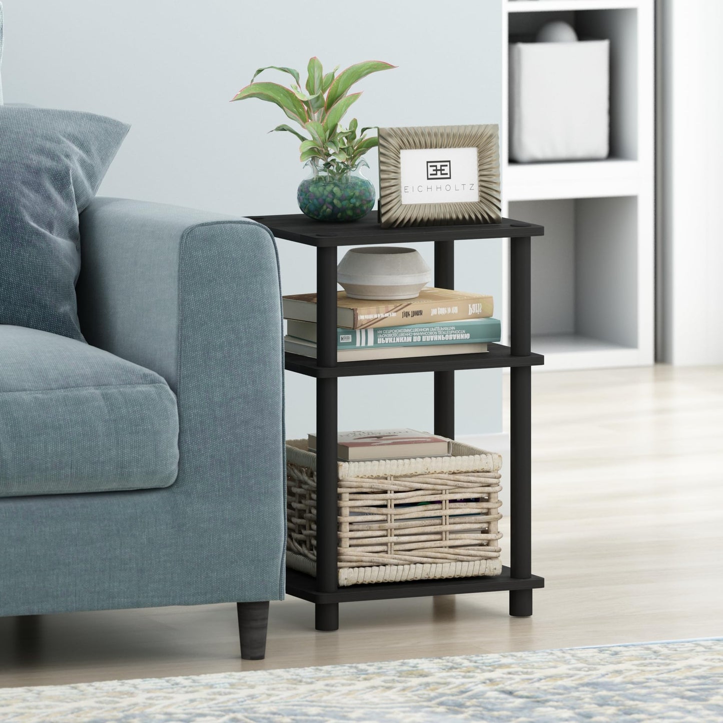 Furinno Just 3-Tier Turn-N-Tube End Table / Side Table / Night Stand / Bedside Table with Plastic Poles, 2-Pack, Americano/Black